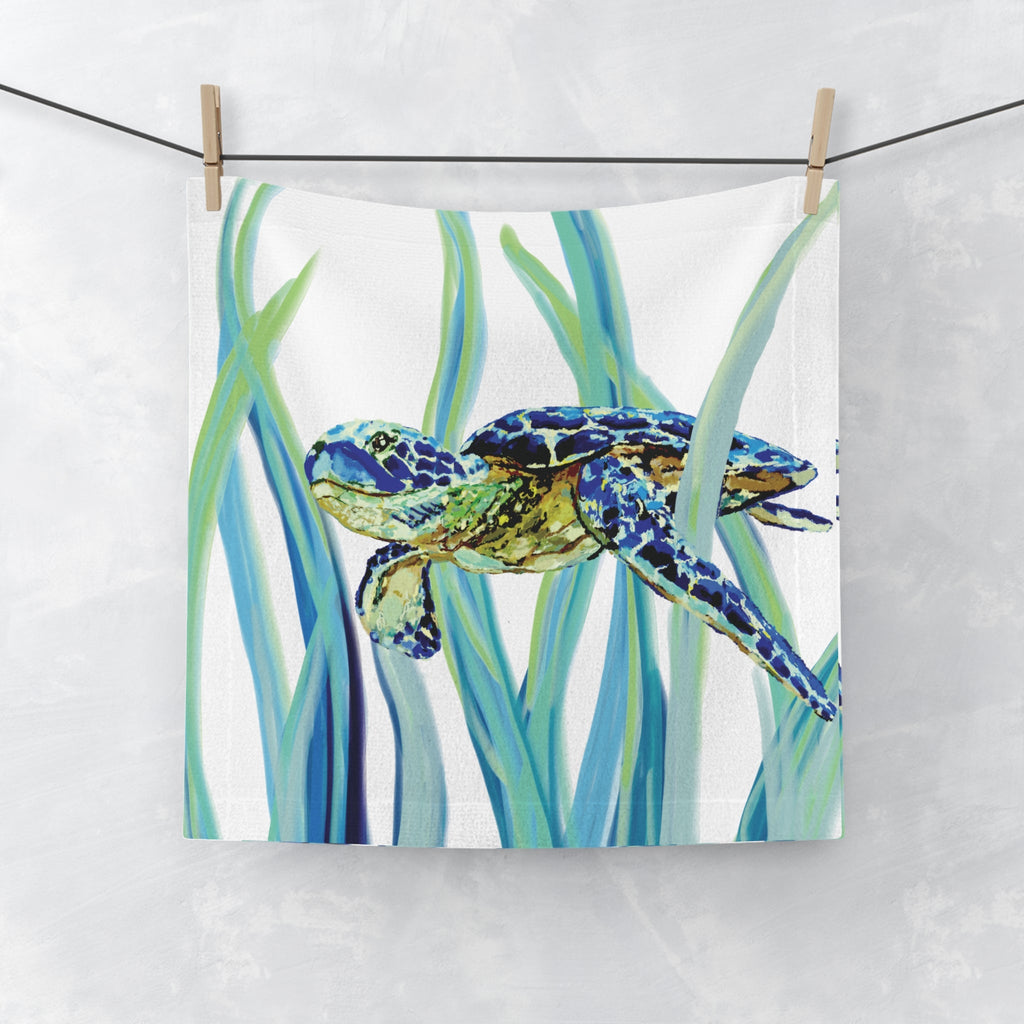 Swimming Sea Turtle Washcloth Towel — Coastal Marine Design - Blue Cava