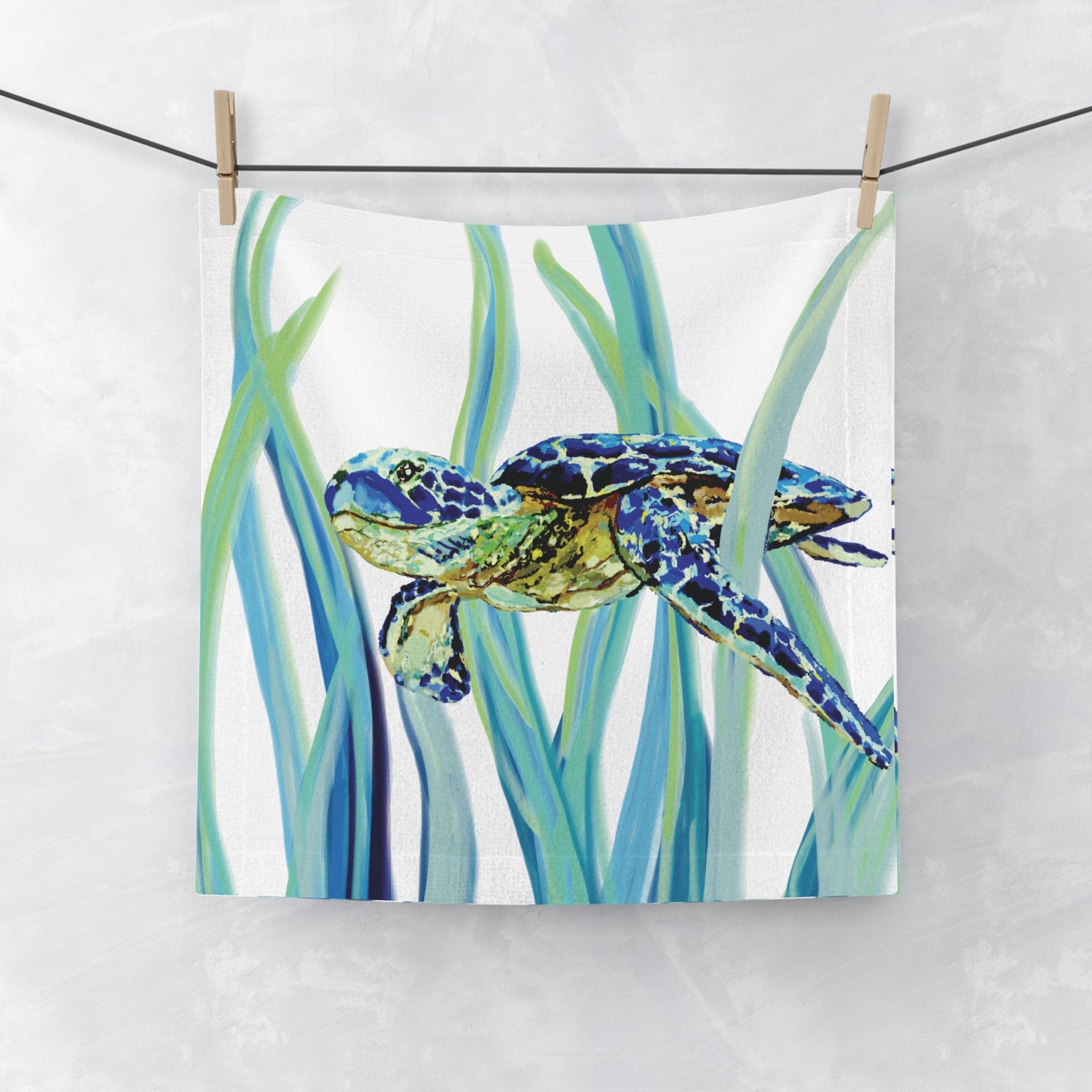 Swimming Sea Turtle Washcloth Towel — Coastal Marine Design - Blue Cava