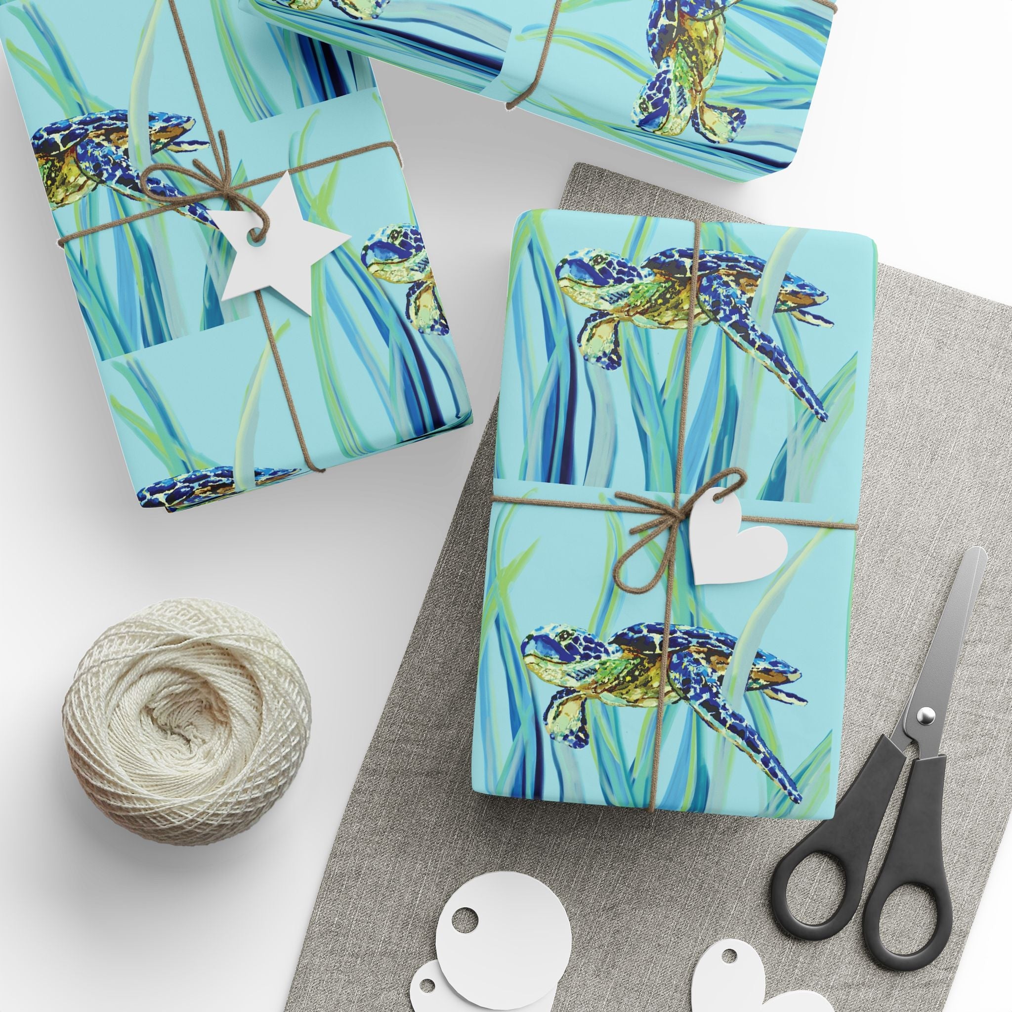 Coastal Swimming Sea Turtle Gift Wrapping Paper in matte or glossy, available in 30 x 36, 30 x 72 or 30 x 180