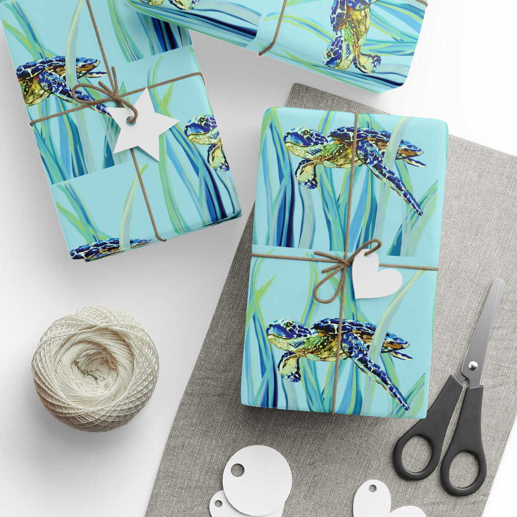 Coastal Swimming Sea Turtle Gift Wrapping Paper in matte or glossy, available in 30 x 36, 30 x 72 or 30 x 180