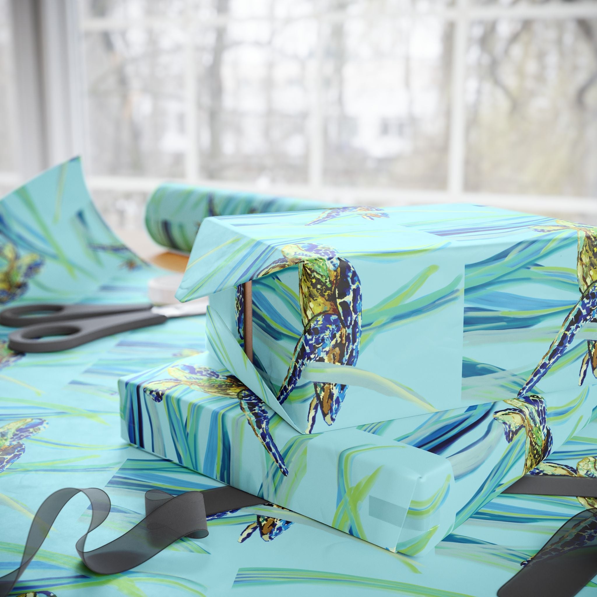 Coastal Swimming Sea Turtle Gift Wrapping Paper in matte or glossy, available in 30 x 36, 30 x 72 or 30 x 180