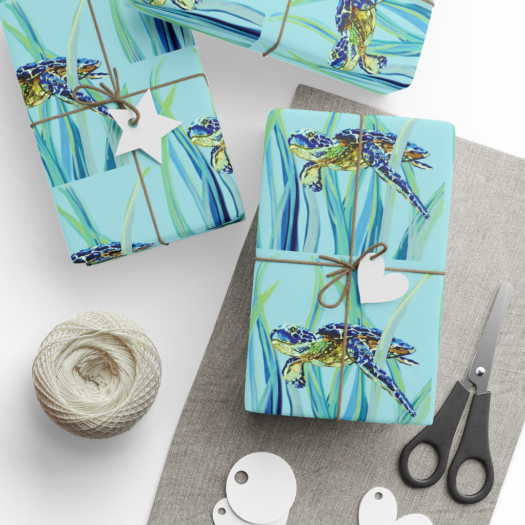 Coastal Swimming Sea Turtle Gift Wrapping Paper in matte or glossy, available in 30 x 36, 30 x 72 or 30 x 180