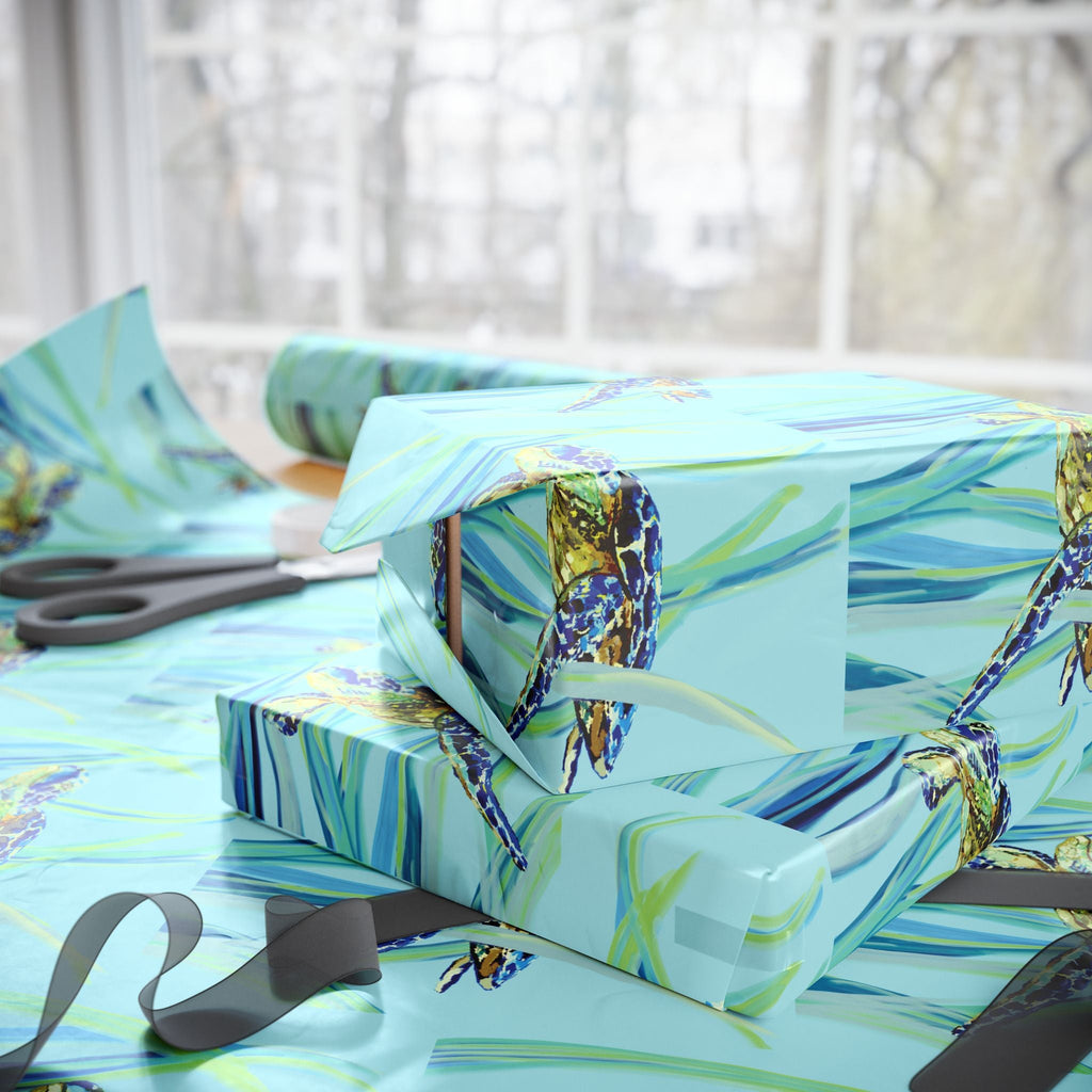 Coastal Swimming Sea Turtle Gift Wrapping Paper in matte or glossy, available in 30 x 36, 30 x 72 or 30 x 180