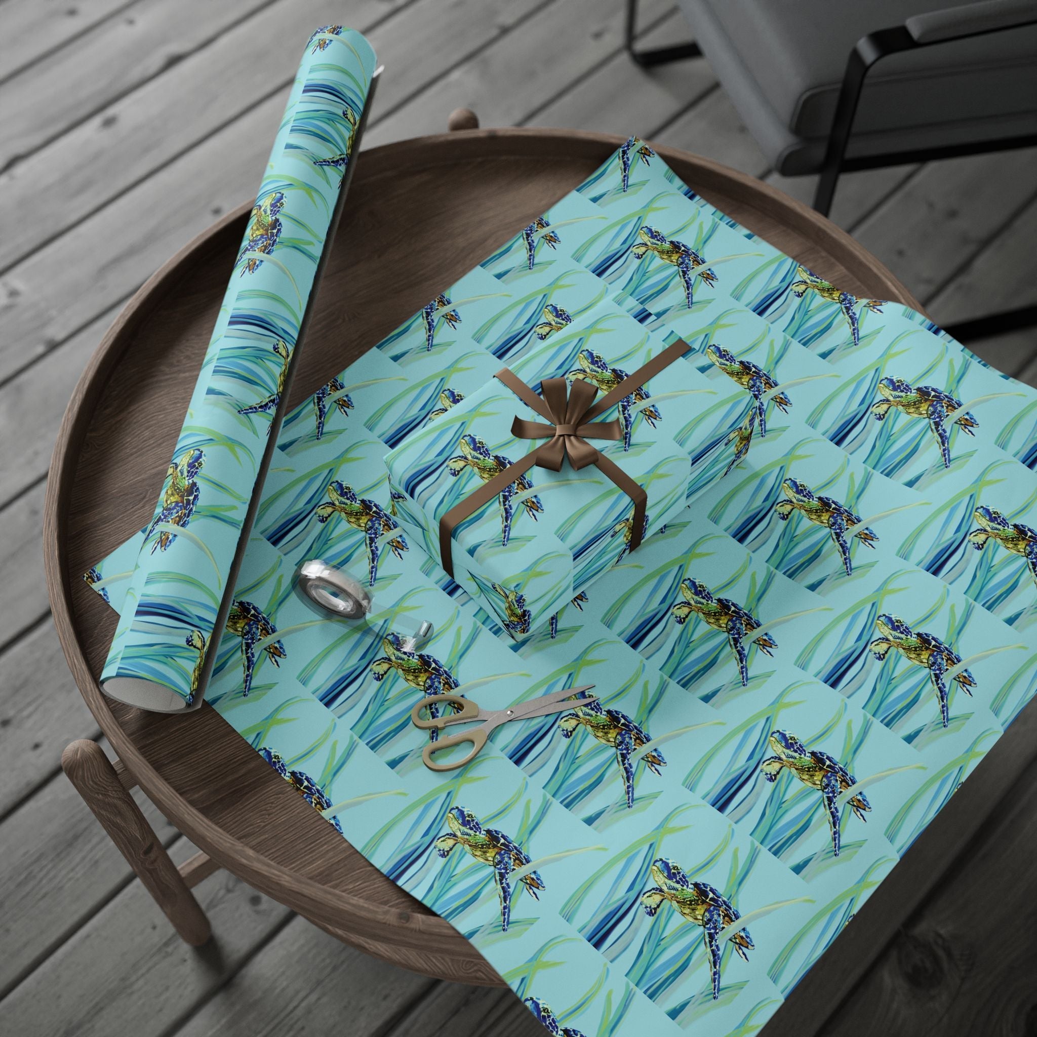 Coastal Swimming Sea Turtle Gift Wrapping Paper in matte or glossy, available in 30 x 36, 30 x 72 or 30 x 180