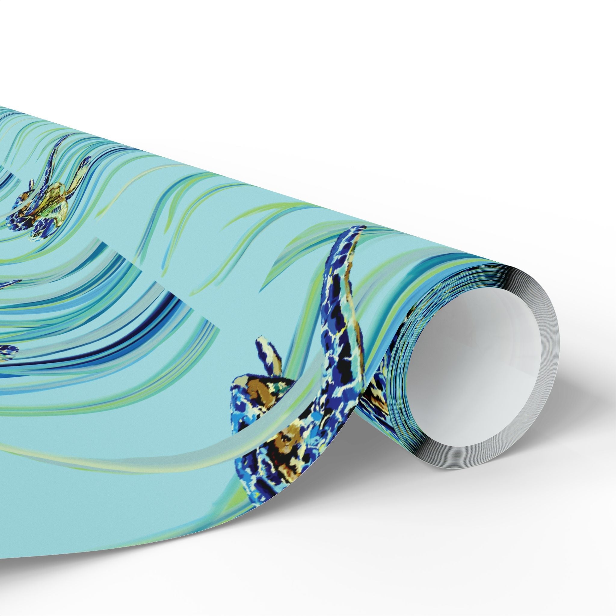 Coastal Swimming Sea Turtle Gift Wrapping Paper in matte or glossy, available in 30 x 36, 30 x 72 or 30 x 180