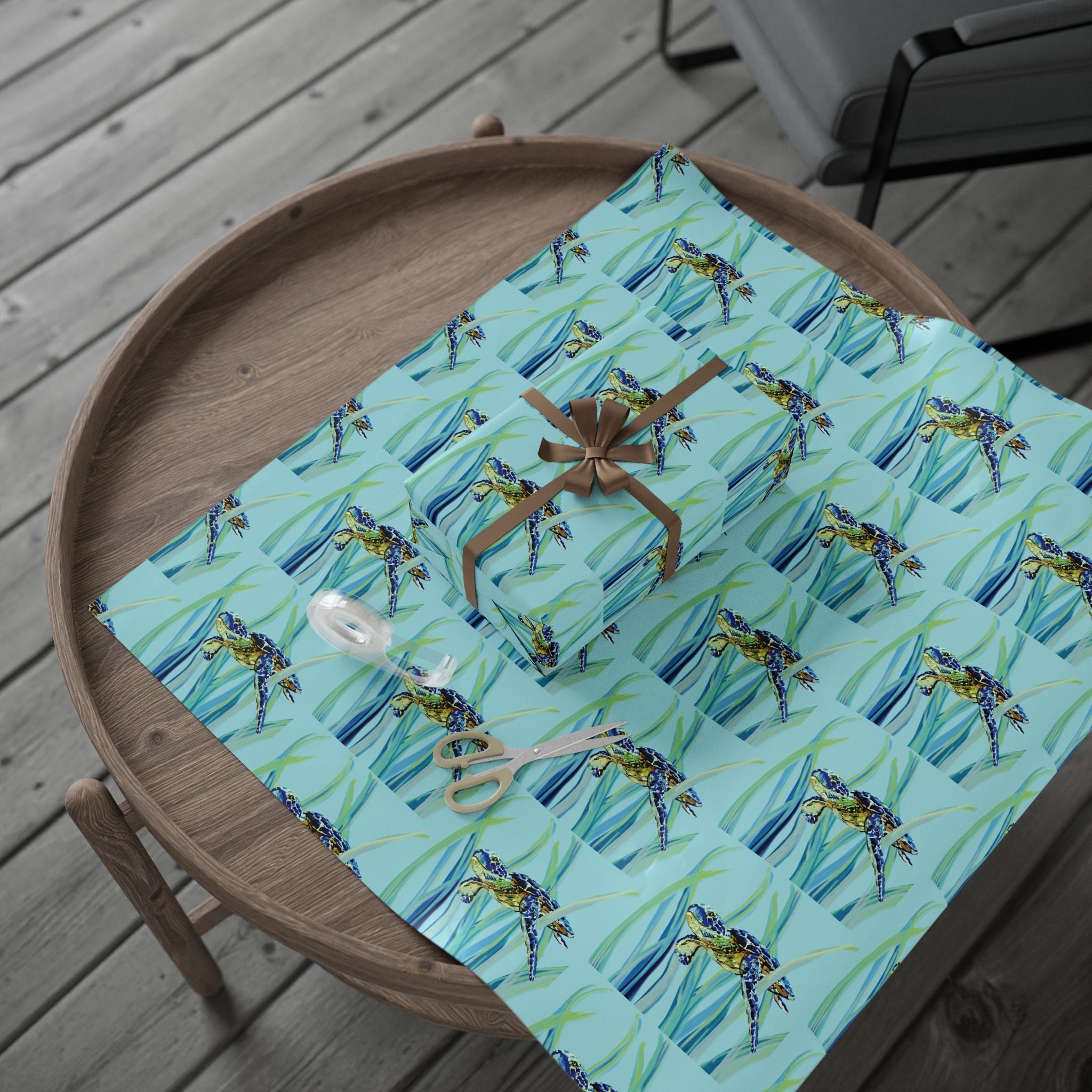Coastal Swimming Sea Turtle Gift Wrapping Paper in matte or glossy, available in 30 x 36, 30 x 72 or 30 x 180