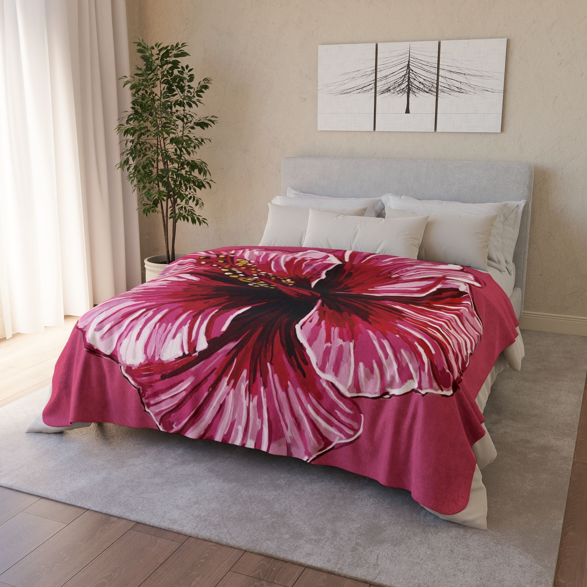 Tropical Floral Hibiscus Fleece Sherpa Blanket - Blue Cava