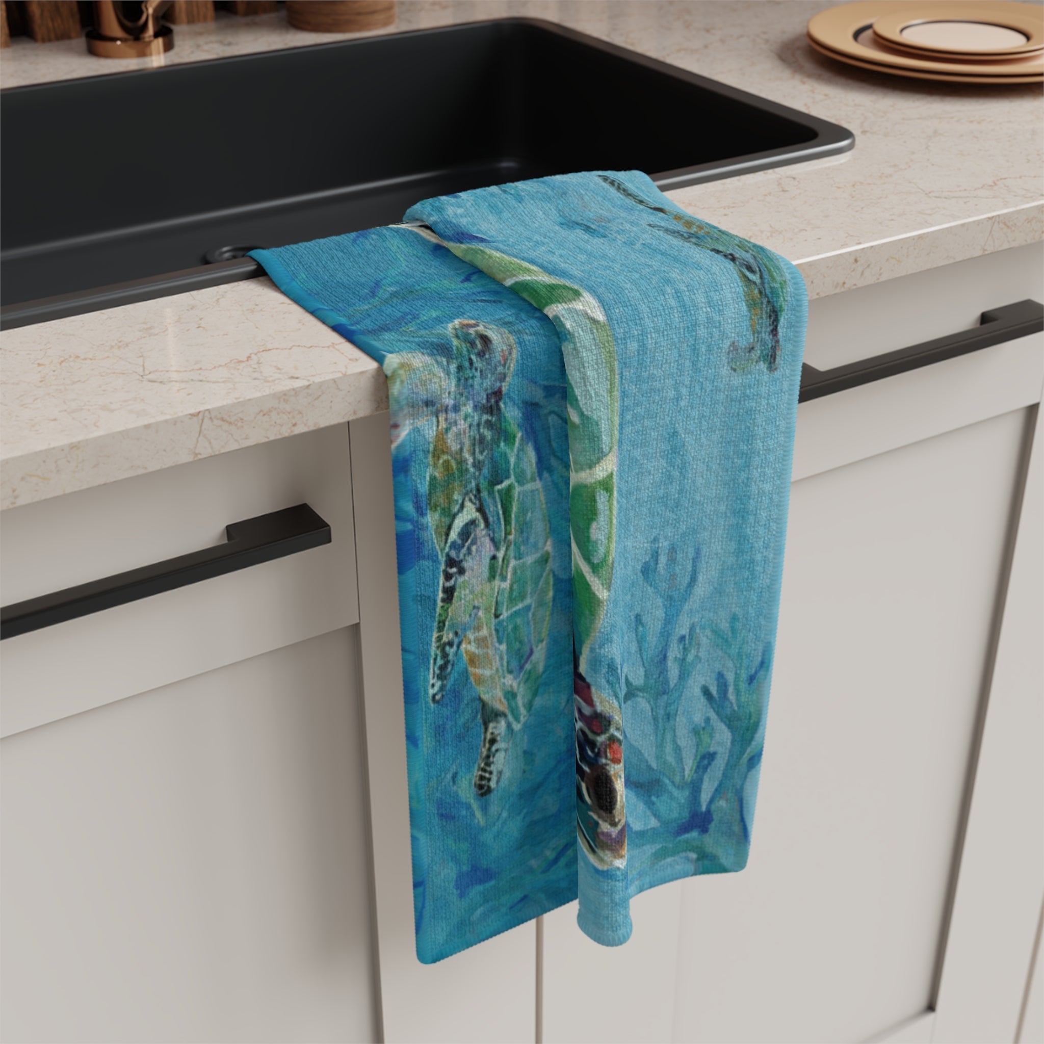 Underwater Sea Turtle Microfiber Waffle Kitchen Towel - Blue Cava