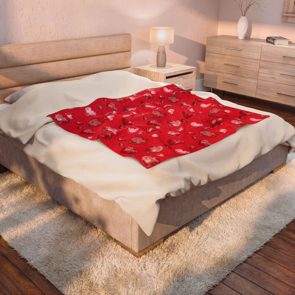 Valentine Red Heart Pattern Velveteen Plush Blanket - Blue Cava
