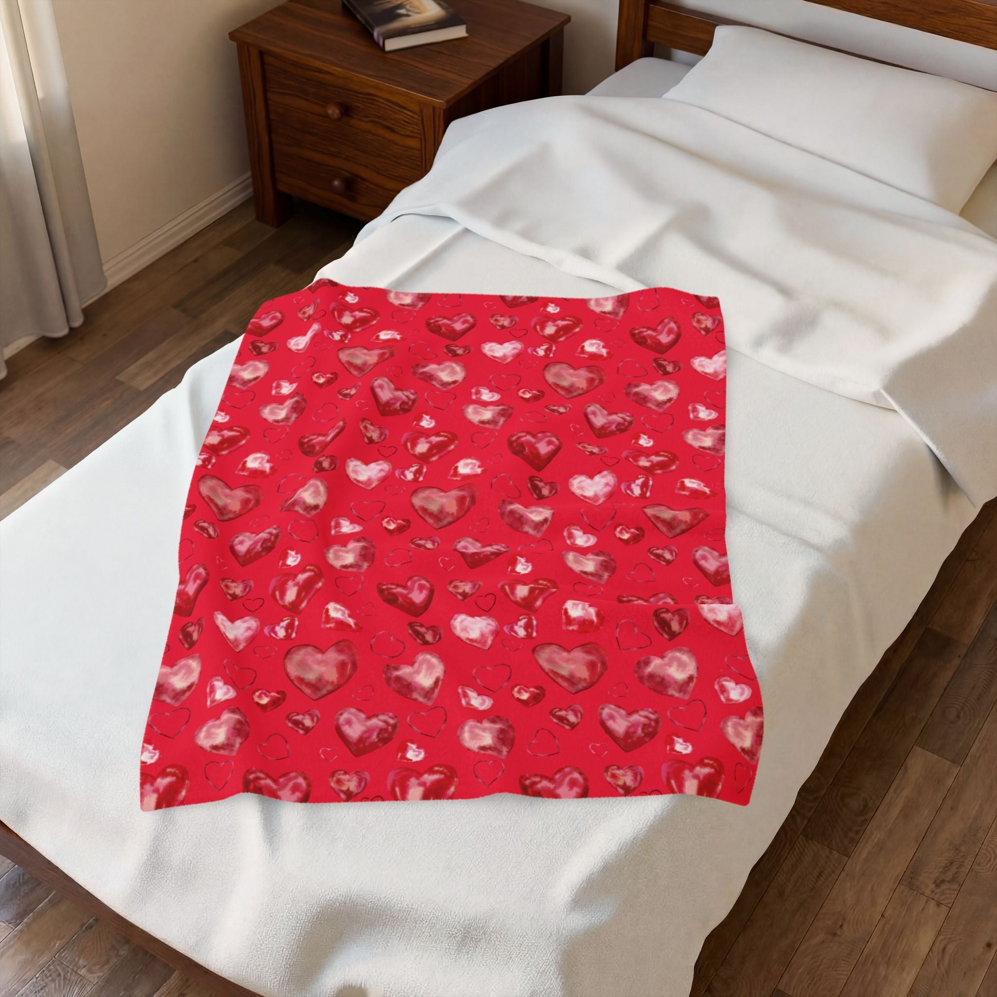 Valentine Red Heart Pattern Velveteen Plush Blanket - Blue Cava