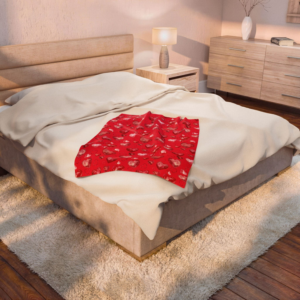 Valentine Red Heart Pattern Velveteen Plush Blanket - Blue Cava