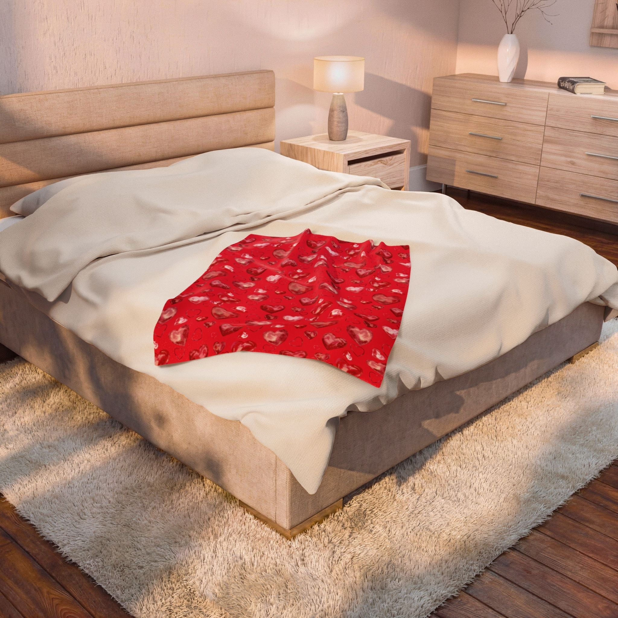 Valentine Red Heart Pattern Velveteen Plush Blanket - Blue Cava