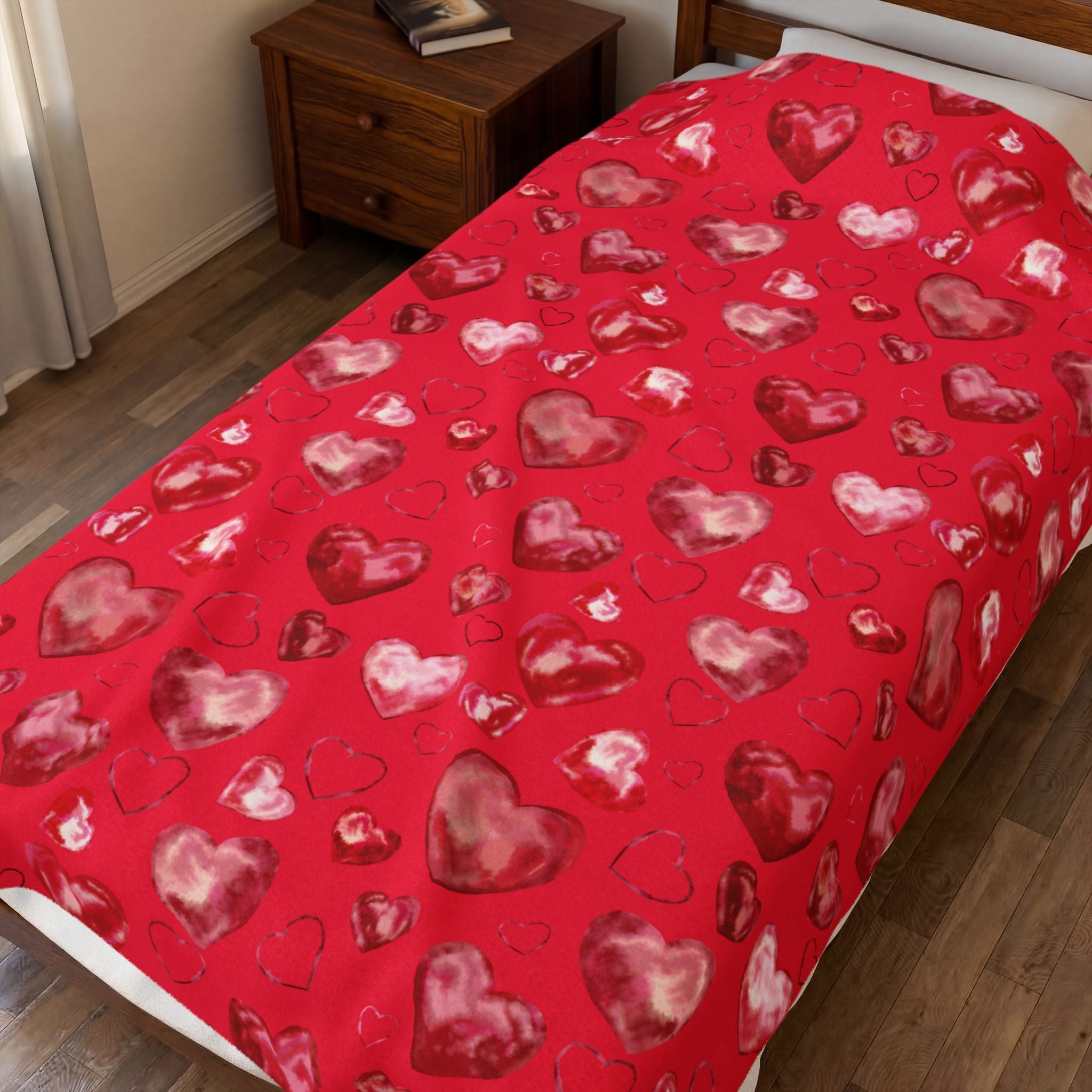 Valentine Red Heart Pattern Velveteen Plush Blanket - Blue Cava