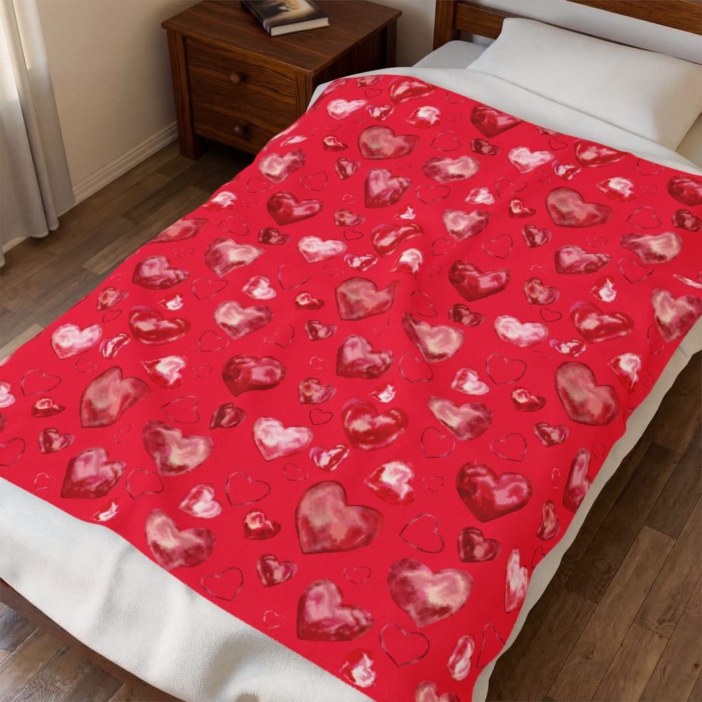 Valentine Red Heart Pattern Velveteen Plush Blanket - Blue Cava