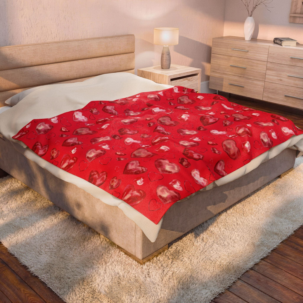 Valentine Red Heart Pattern Velveteen Plush Blanket - Blue Cava