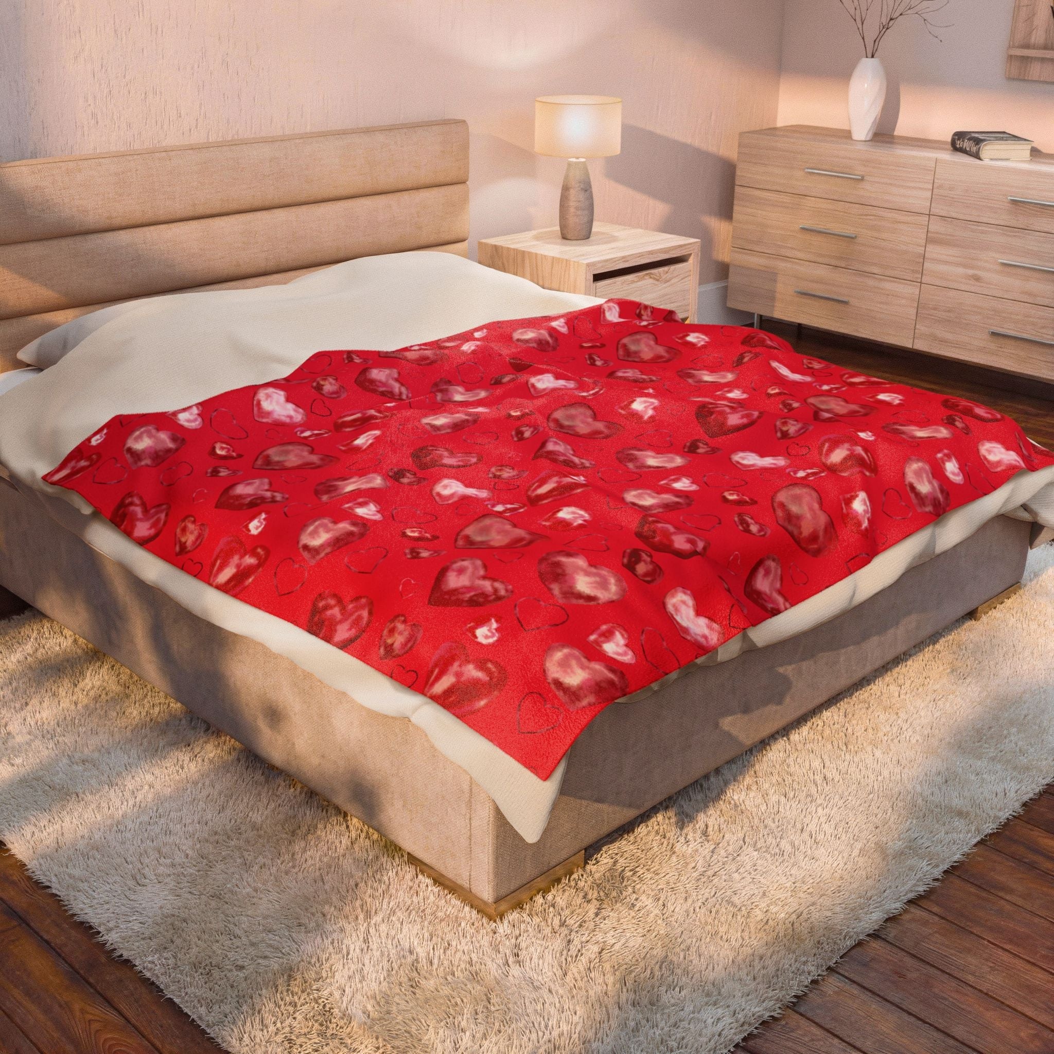 Valentine Red Heart Pattern Velveteen Plush Blanket - Blue Cava