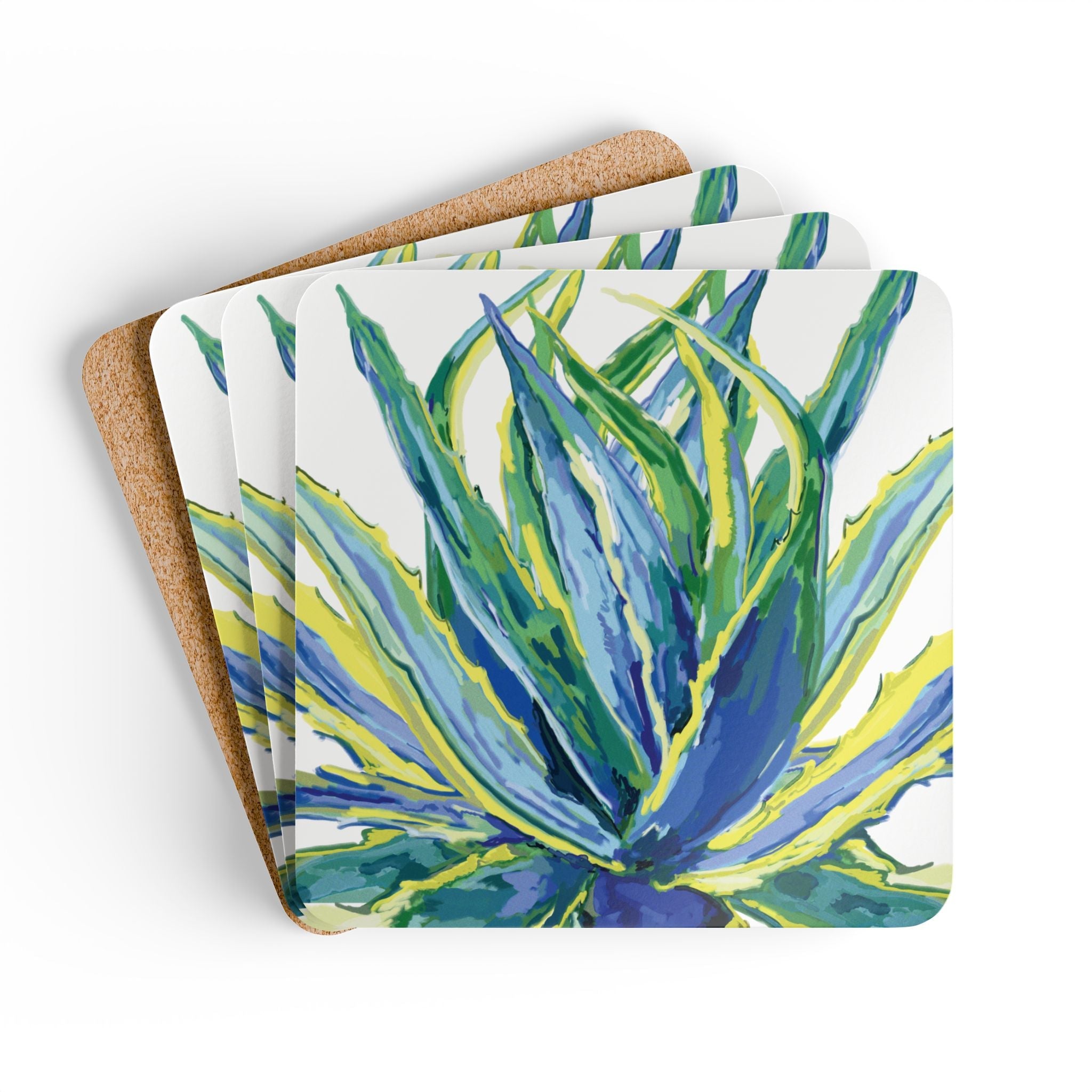Vibrant Botanical Corkwood Coaster Set – Eco - Friendly Drink Protectors for Home & Events - Blue Cava