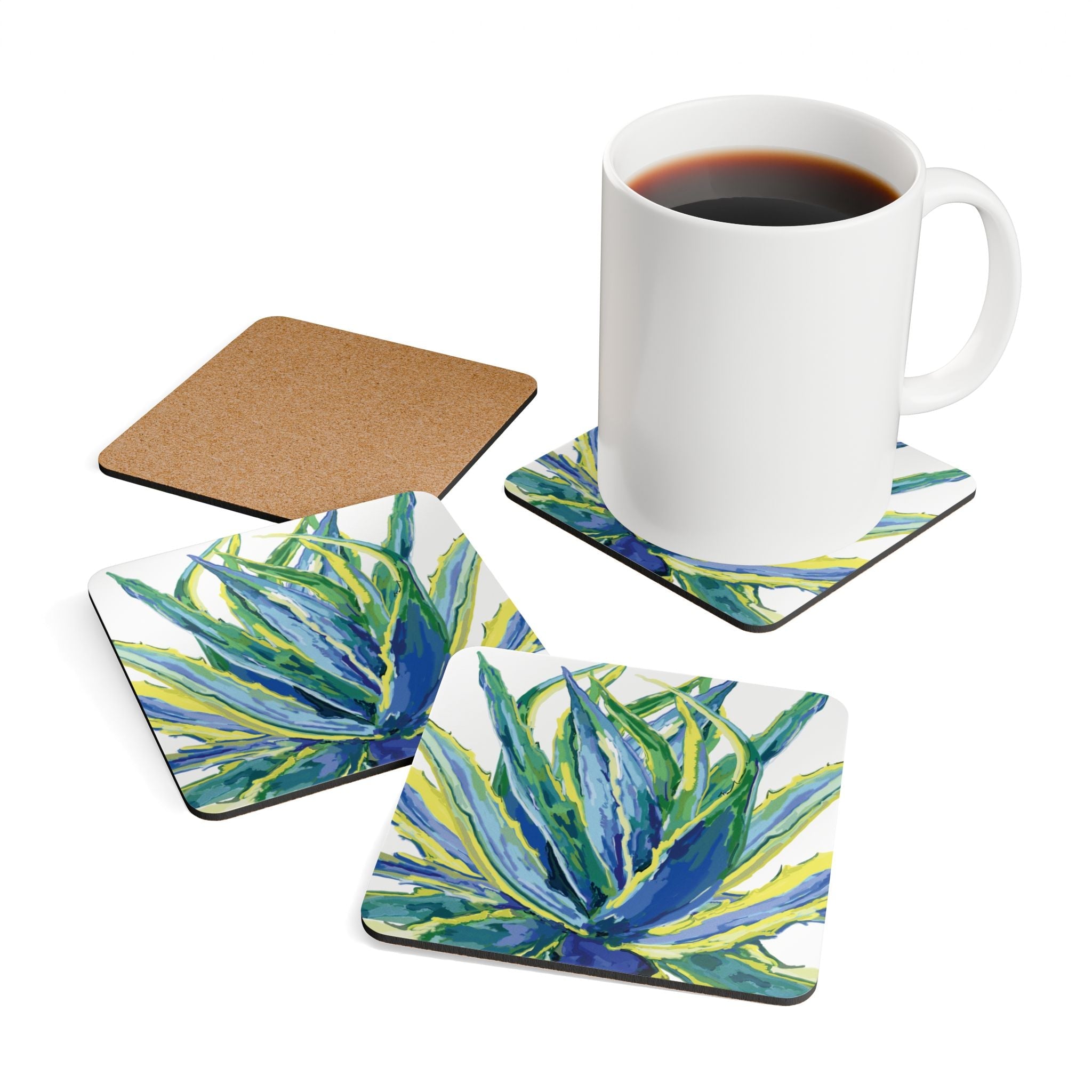 Vibrant Botanical Corkwood Coaster Set – Eco - Friendly Drink Protectors for Home & Events - Blue Cava