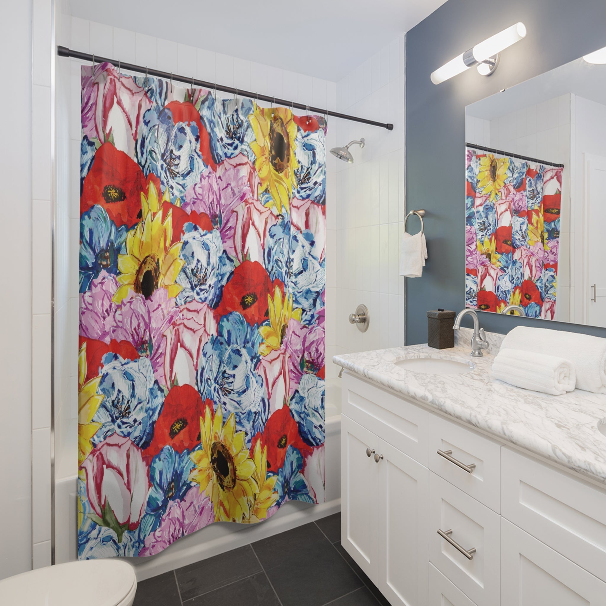 Vibrant Floral Shower Curtain - Bathroom Decor - Blue Cava