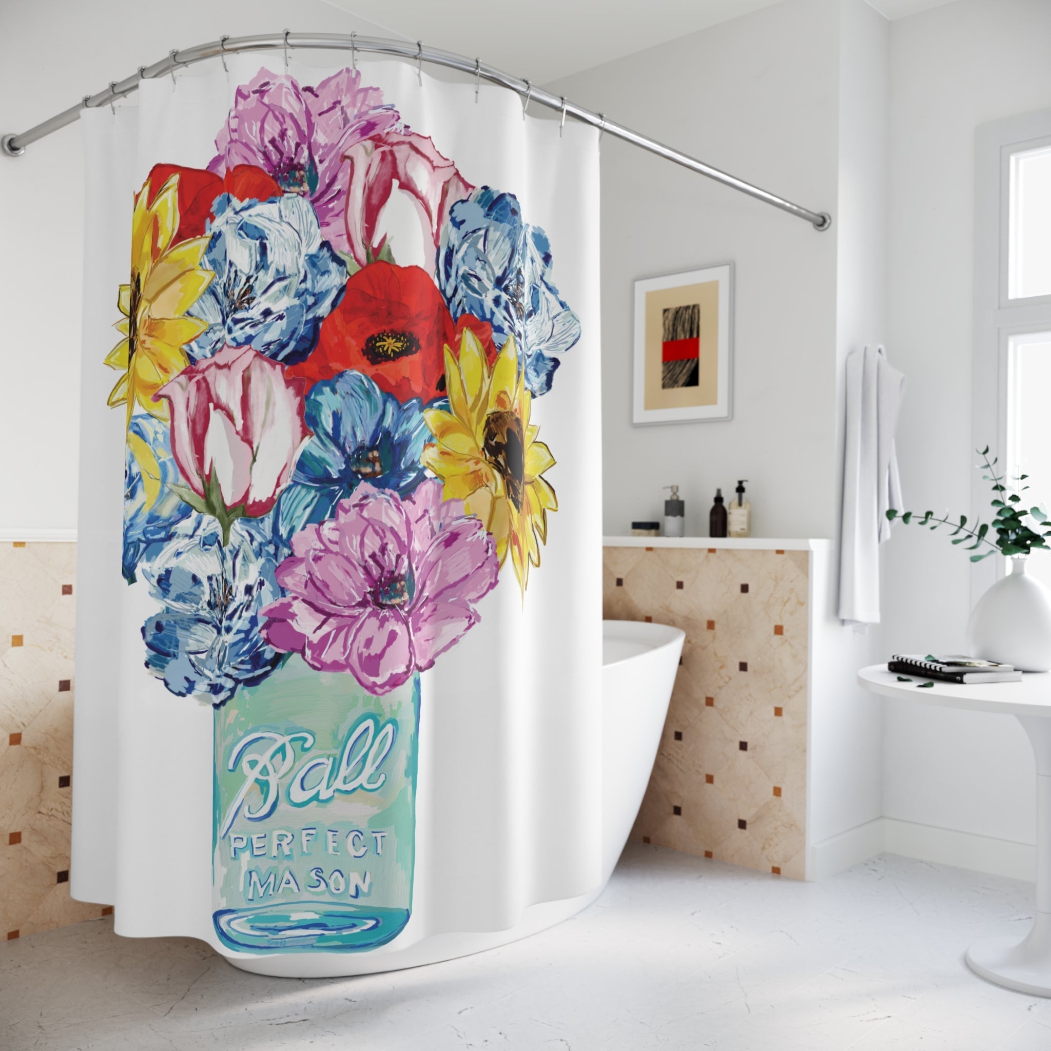 Vibrant Floral Shower Curtain - Perfect for Brightening Bathrooms and Special Occasions - Blue Cava