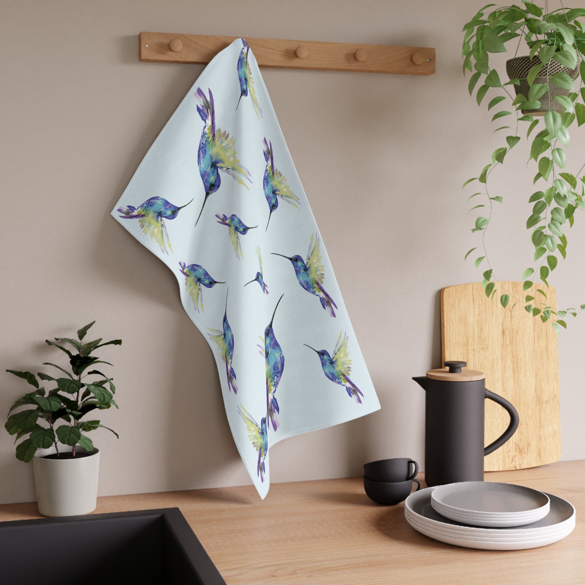 Vibrant Hummingbird Kitchen Linen Tea Towels - Blue Cava