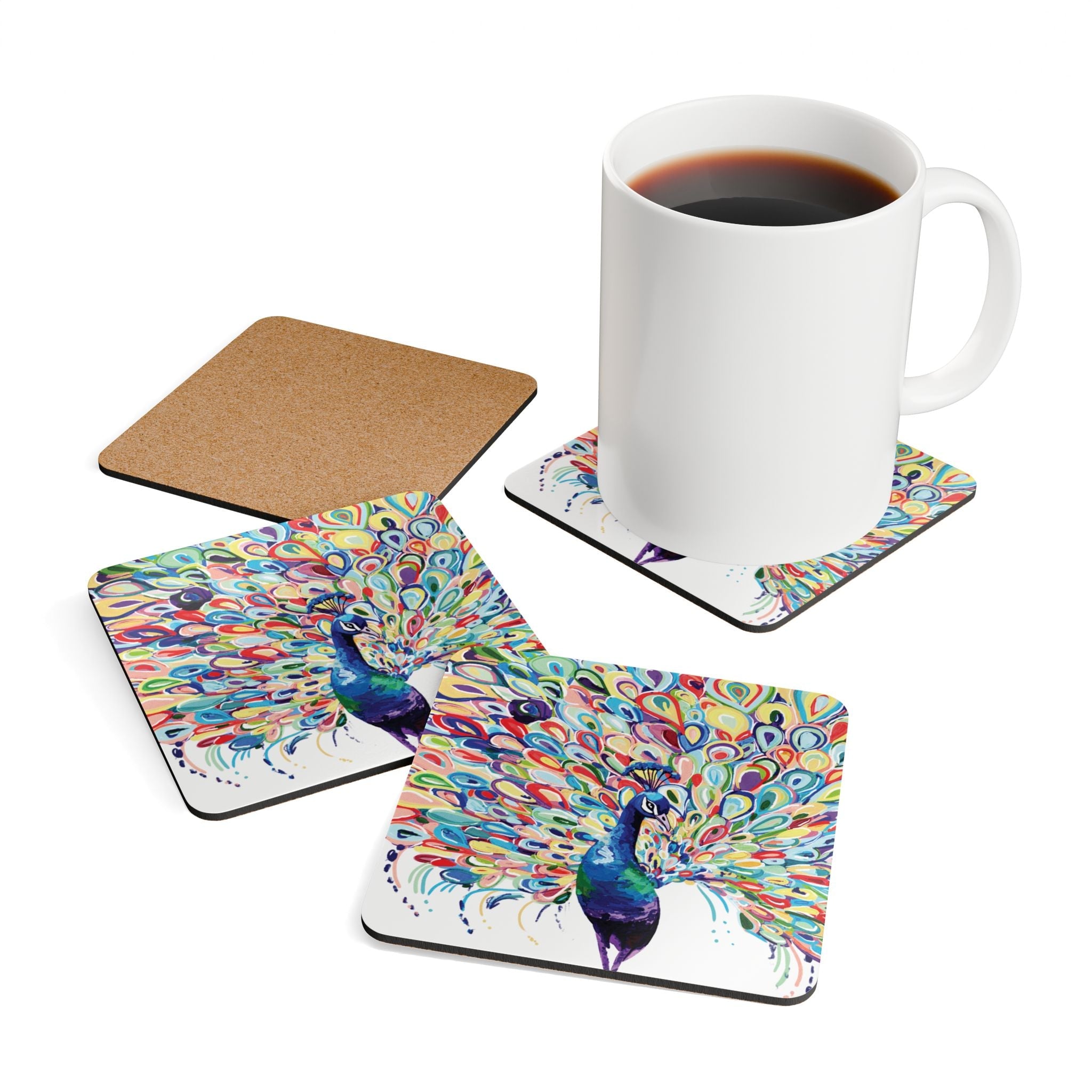 Vibrant Peacock Cork Coaster Set - Colorful Drink Coasters for Home Decor - Blue Cava