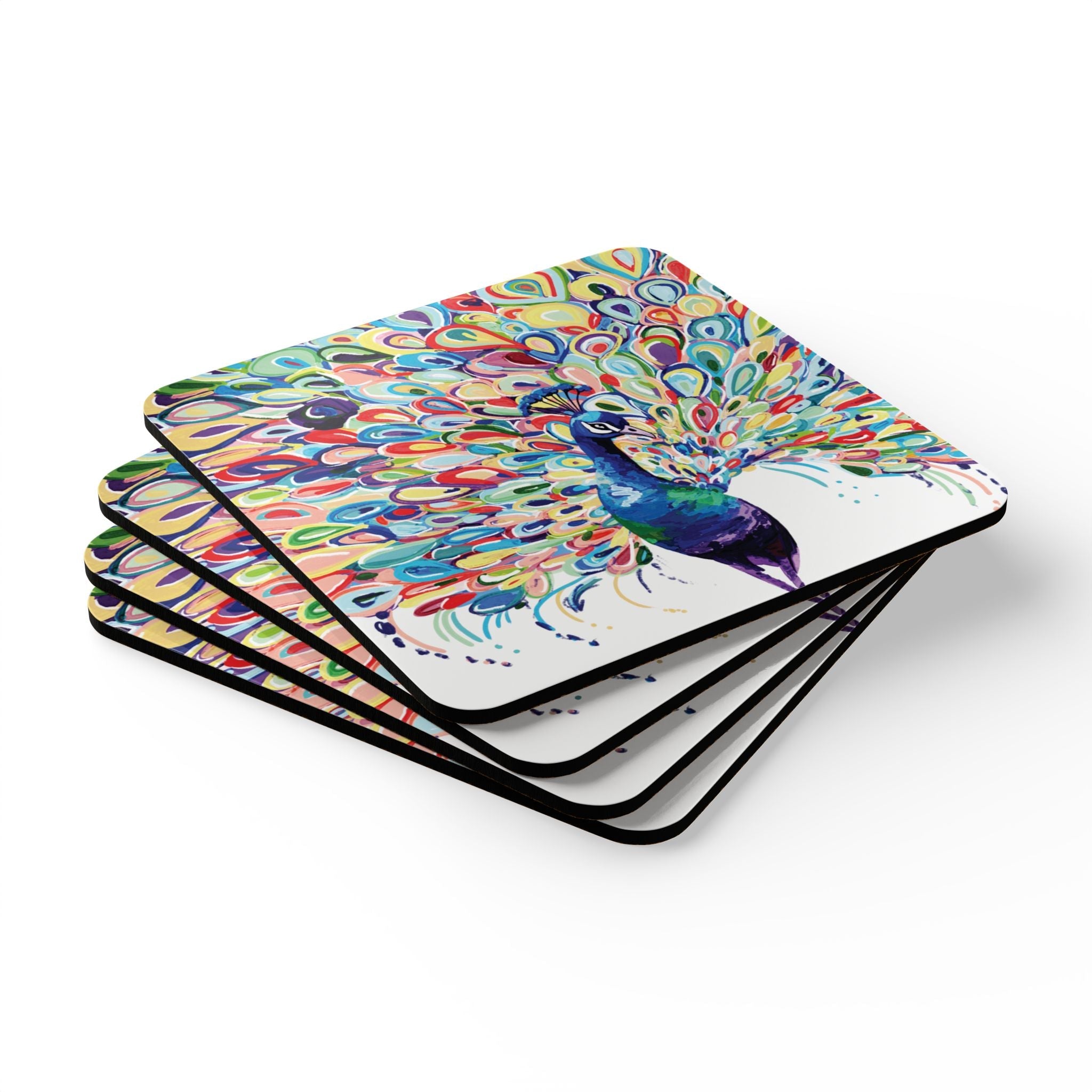 Vibrant Peacock Cork Coaster Set - Colorful Drink Coasters for Home Decor - Blue Cava