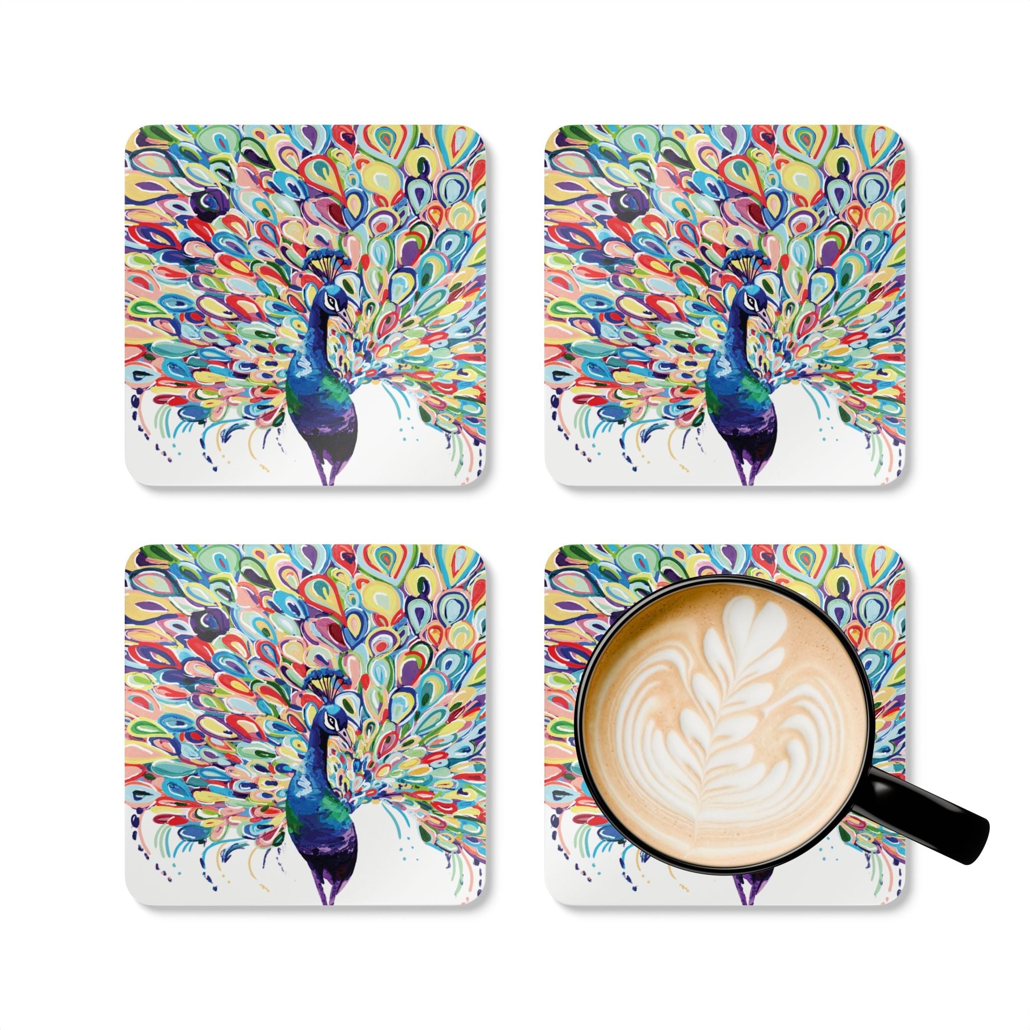Vibrant Peacock Cork Coaster Set - Colorful Drink Coasters for Home Decor - Blue Cava