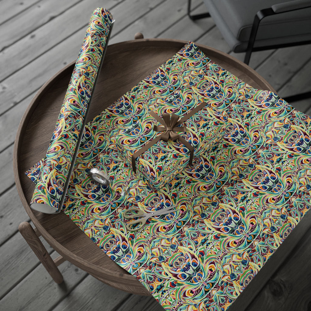 Vibrant Peacock Fiesta Wrapping Paper, Eco-Friendly in matte or glossy available in 30 x 36, 30 x 72 or 30 x 180 - Blue Cava