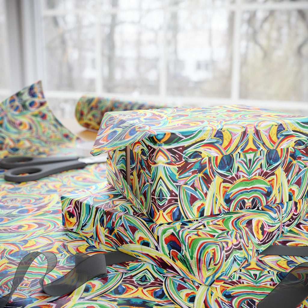 Vibrant Peacock Fiesta Wrapping Paper, Eco-Friendly in matte or glossy available in 30 x 36, 30 x 72 or 30 x 180 - Blue Cava