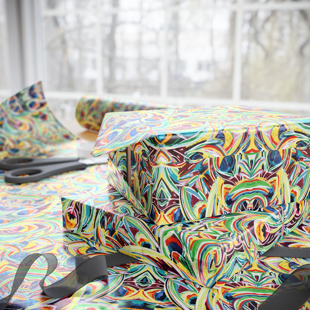 Vibrant Peacock Fiesta Wrapping Paper, Eco-Friendly in matte or glossy available in 30 x 36, 30 x 72 or 30 x 180 - Blue Cava