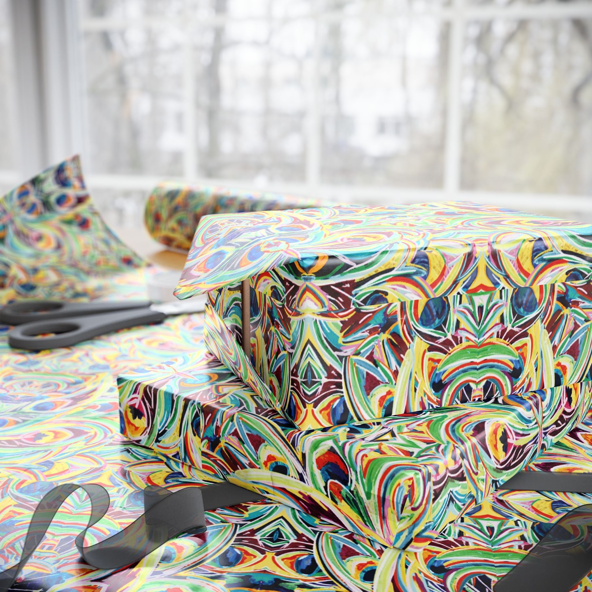 Vibrant Peacock Fiesta Wrapping Paper, Eco-Friendly in matte or glossy available in 30 x 36, 30 x 72 or 30 x 180 - Blue Cava