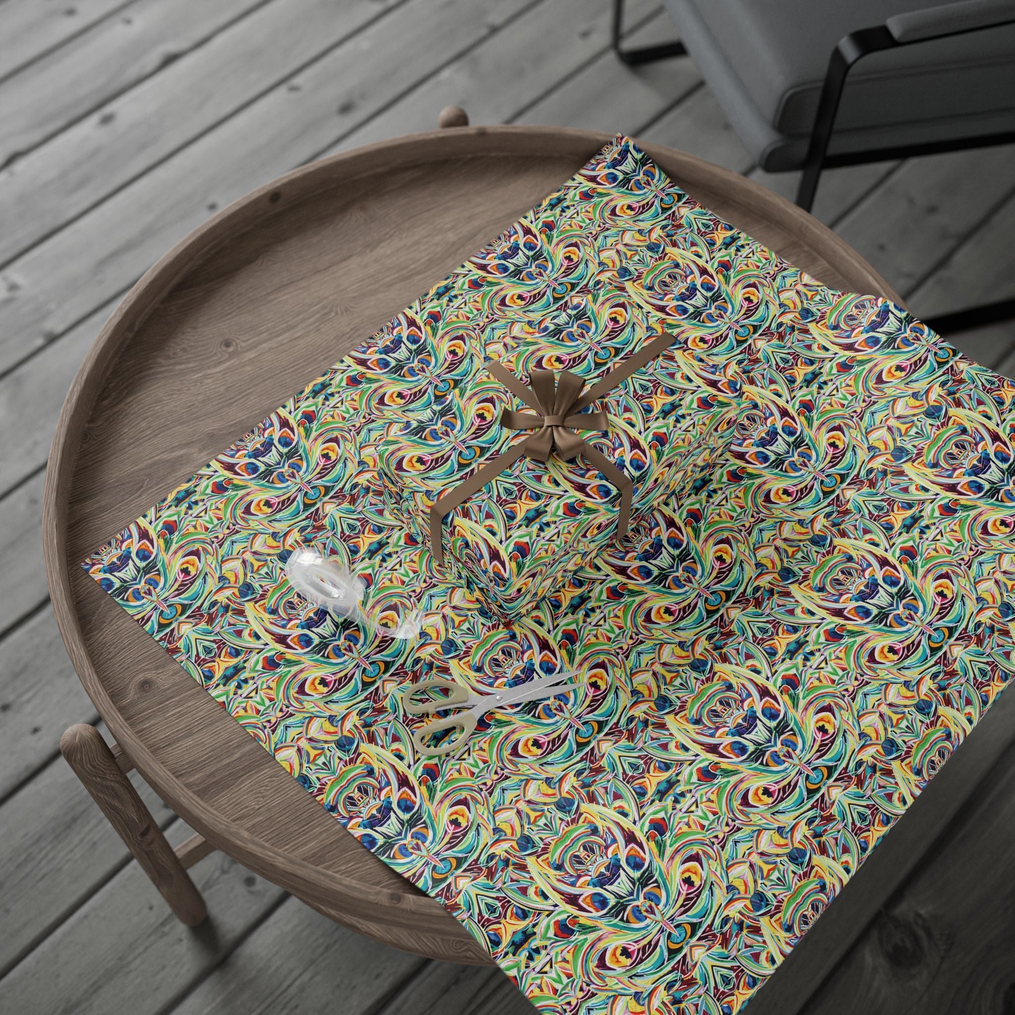 Vibrant Peacock Fiesta Wrapping Paper, Eco-Friendly in matte or glossy available in 30 x 36, 30 x 72 or 30 x 180 - Blue Cava
