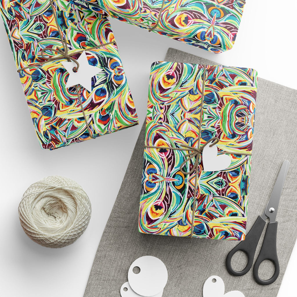 Vibrant Peacock Fiesta Wrapping Paper, Eco-Friendly in matte or glossy available in 30 x 36, 30 x 72 or 30 x 180 - Blue Cava
