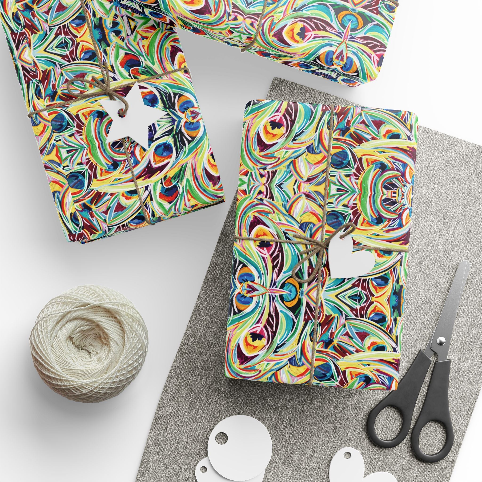 Vibrant Peacock Fiesta Wrapping Paper, Eco-Friendly in matte or glossy available in 30 x 36, 30 x 72 or 30 x 180 - Blue Cava