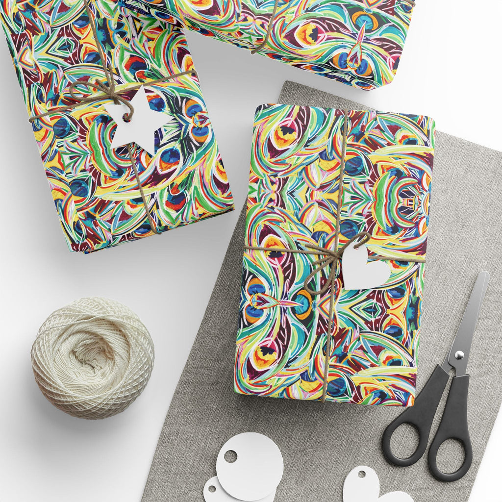 Vibrant Peacock Fiesta Wrapping Paper, Eco-Friendly in matte or glossy available in 30 x 36, 30 x 72 or 30 x 180 - Blue Cava