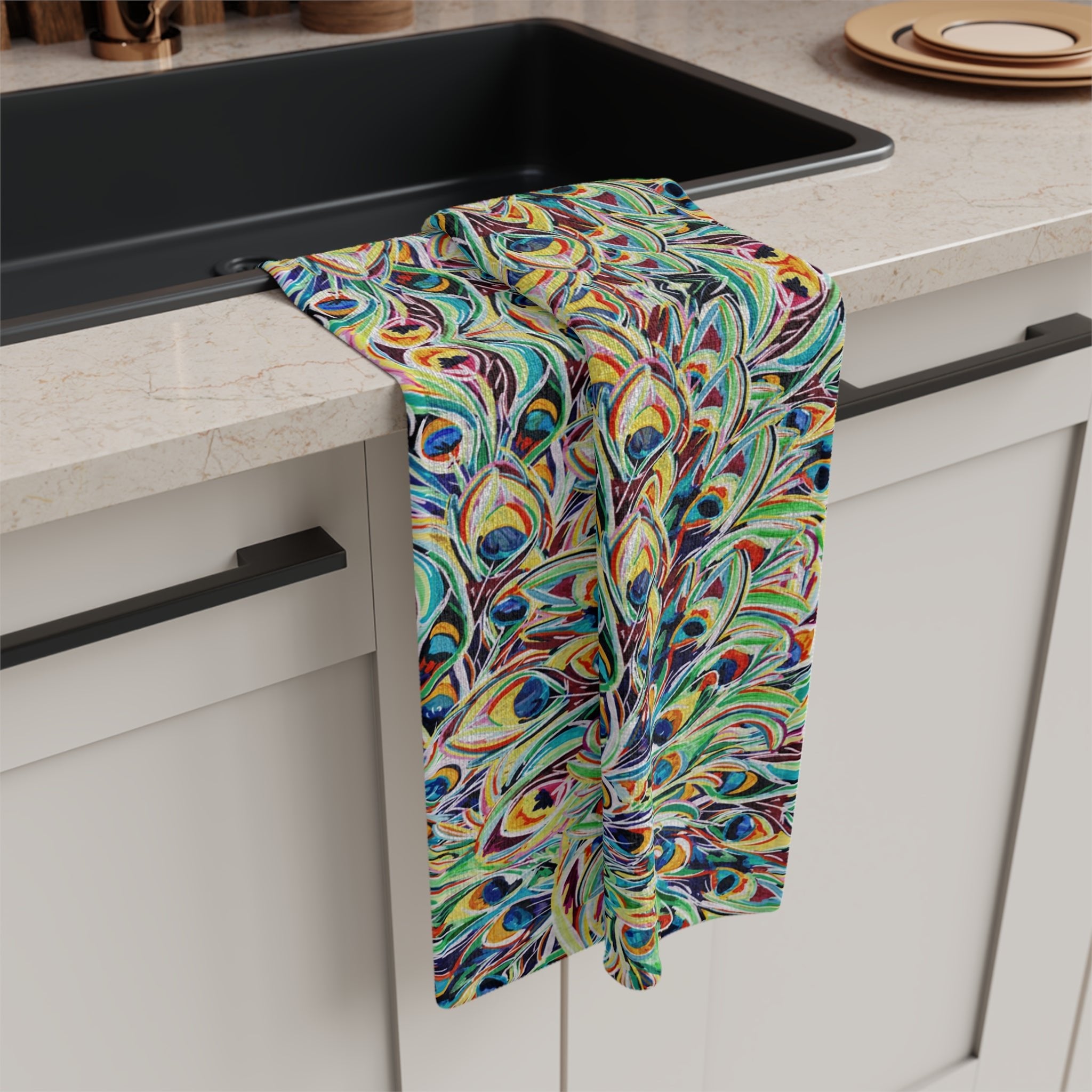 Vibrant Peacock Microfiber Waffle Kitchen Towel - Blue Cava