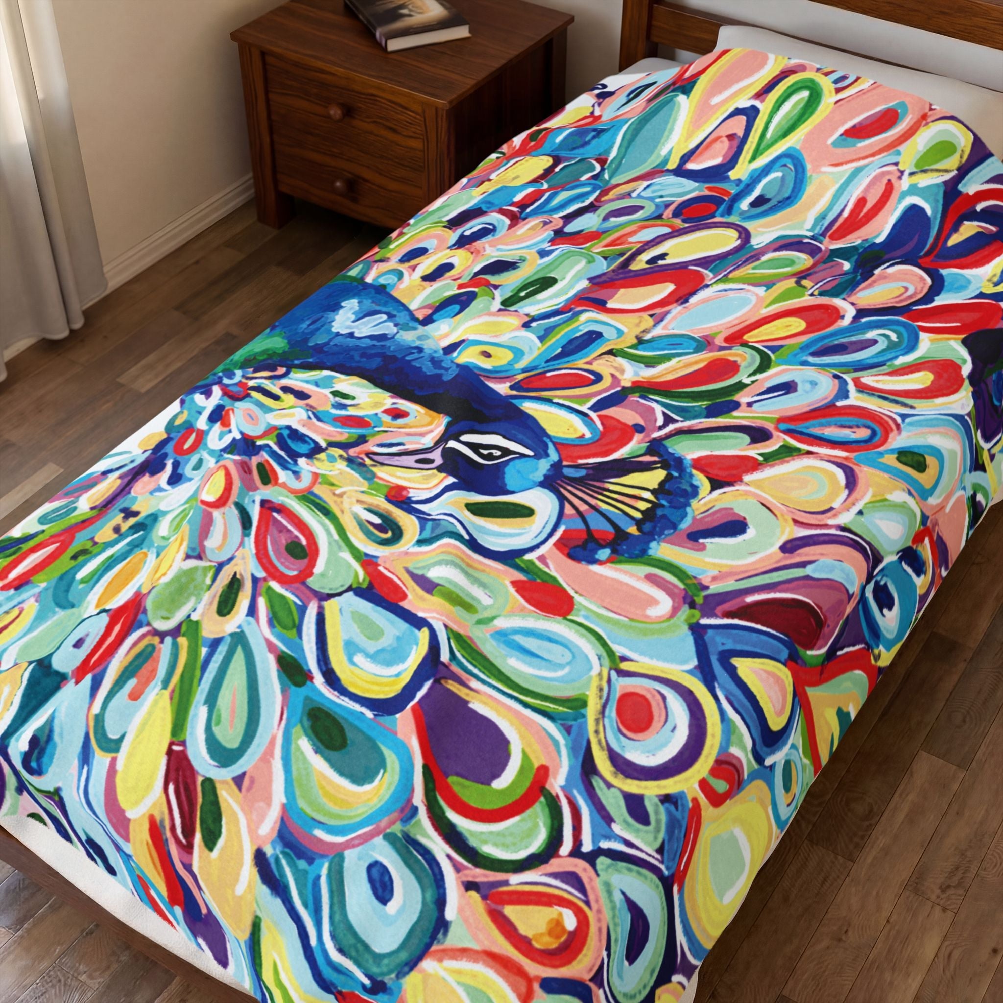 Vibrant Peacock Velveteen Plush Blankets - Blue Cava
