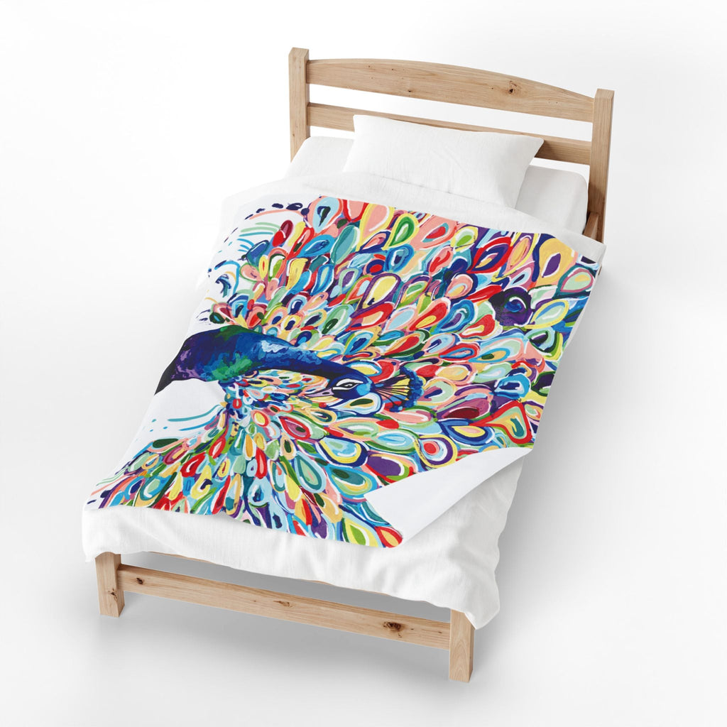 Vibrant Peacock Velveteen Plush Blankets - Blue Cava