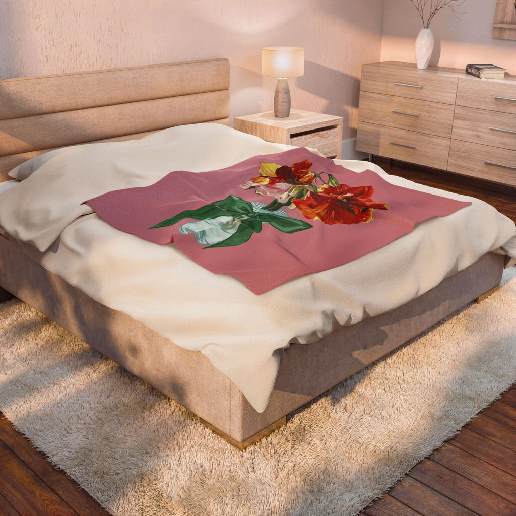Vintage Red Amaryllis in Vase Floral Throw Blanket - Blue Cava