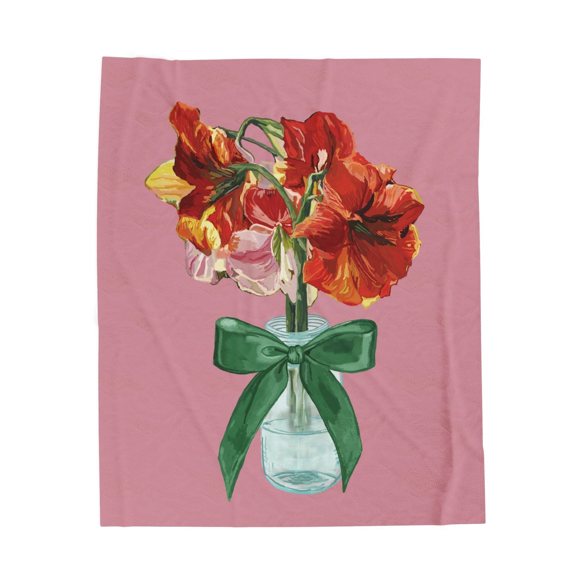 Vintage Red Amaryllis in Vase Floral Throw Blanket - Blue Cava