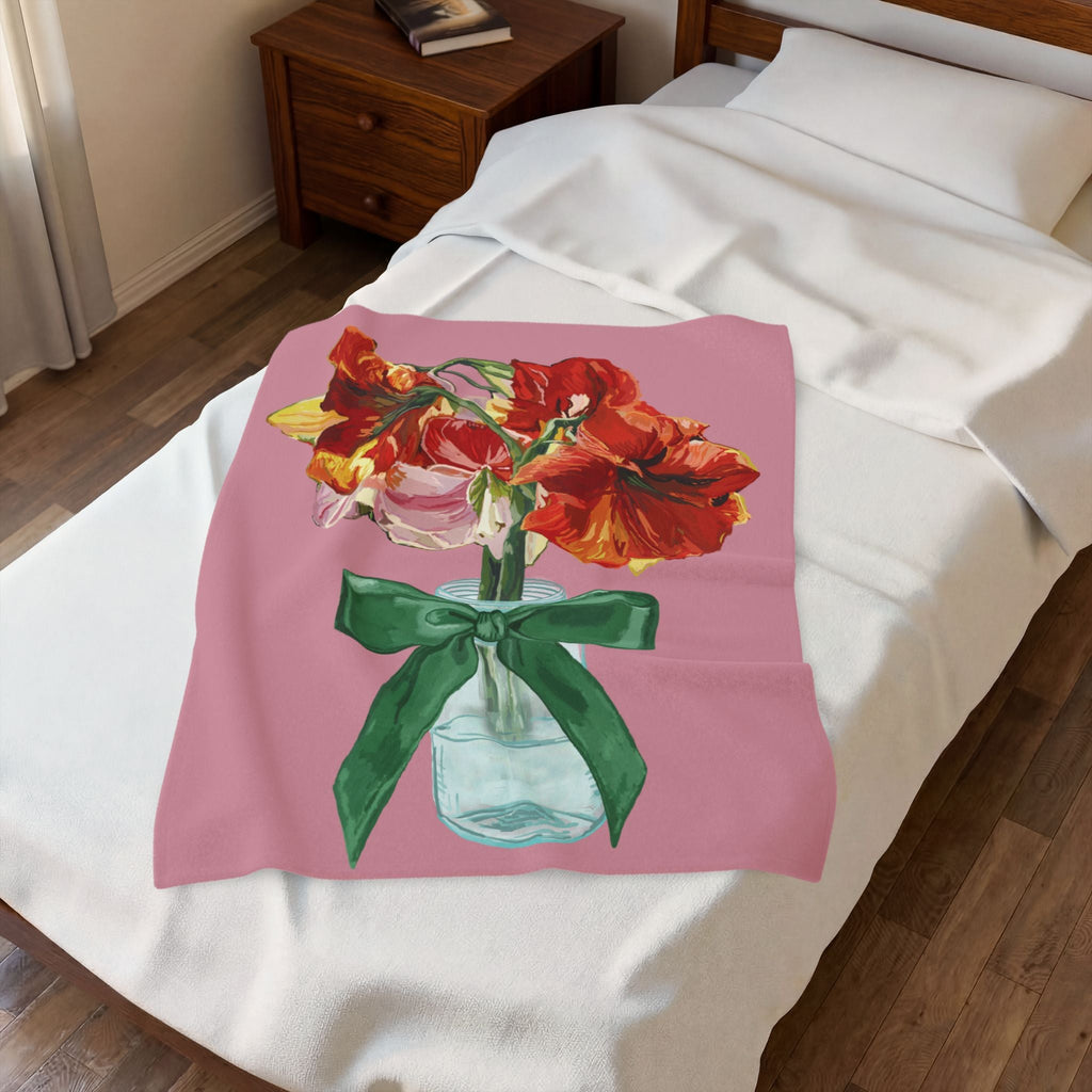 Vintage Red Amaryllis in Vase Floral Throw Blanket - Blue Cava