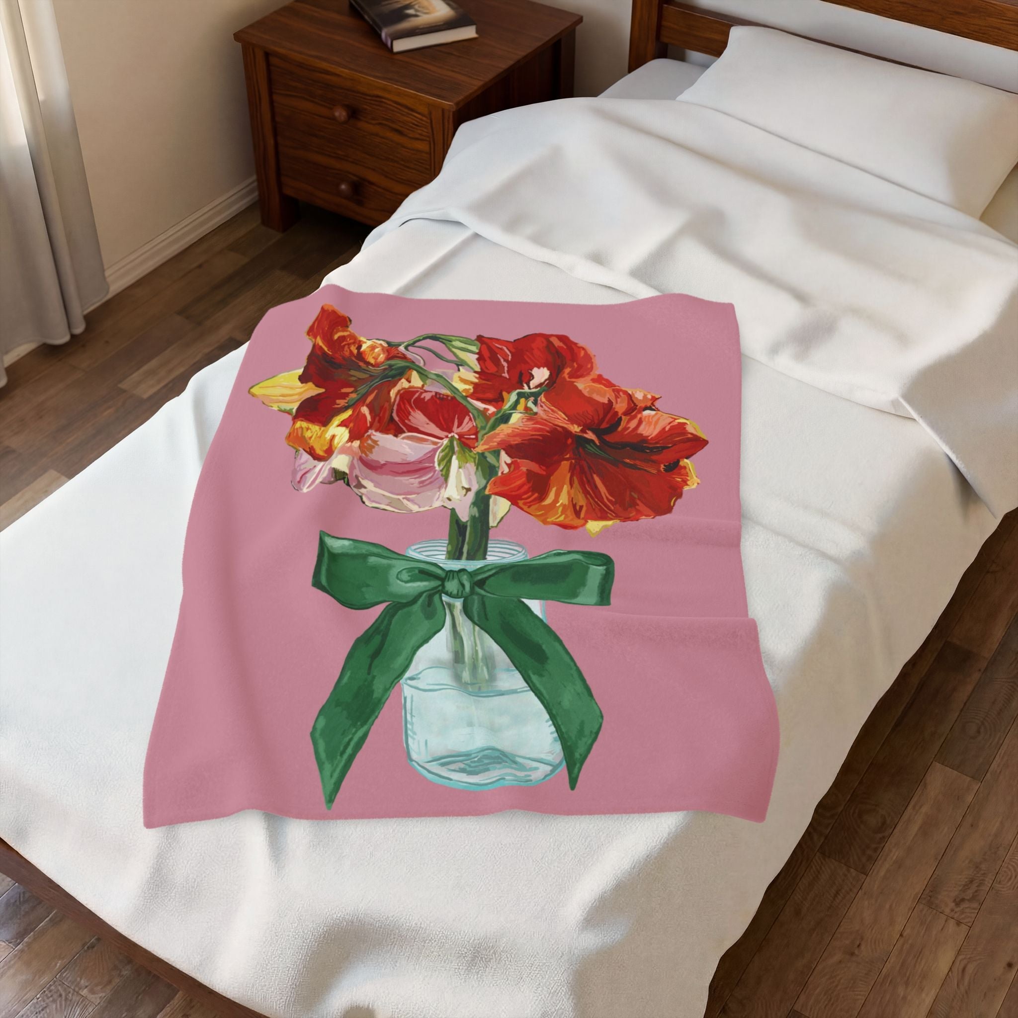Vintage Red Amaryllis in Vase Floral Throw Blanket - Blue Cava