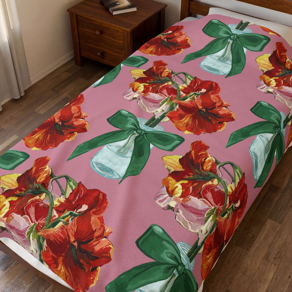 Vintage Red Amaryllis in Vase Floral Throw Blanket - Blue Cava