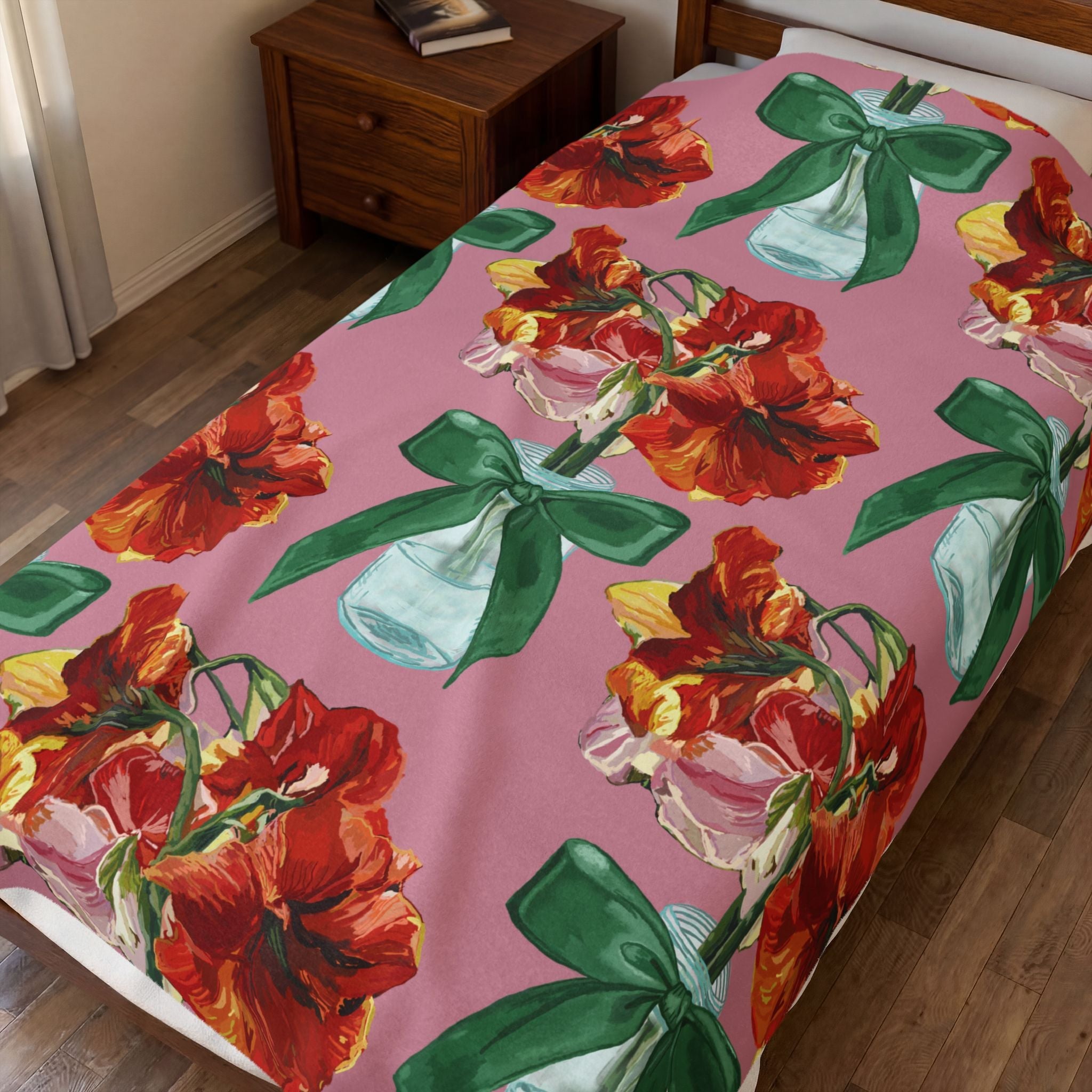 Vintage Red Amaryllis in Vase Floral Throw Blanket - Blue Cava