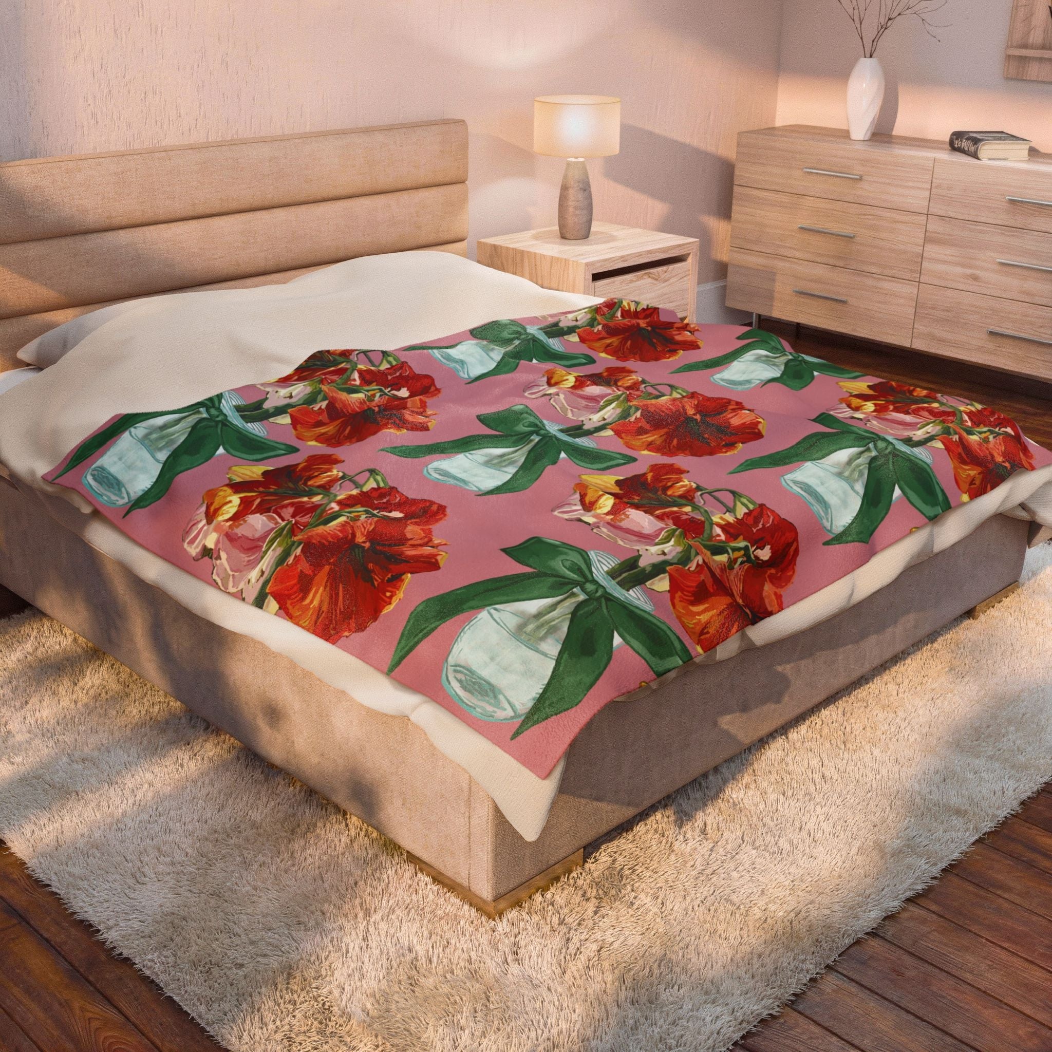 Vintage Red Amaryllis in Vase Floral Throw Blanket - Blue Cava