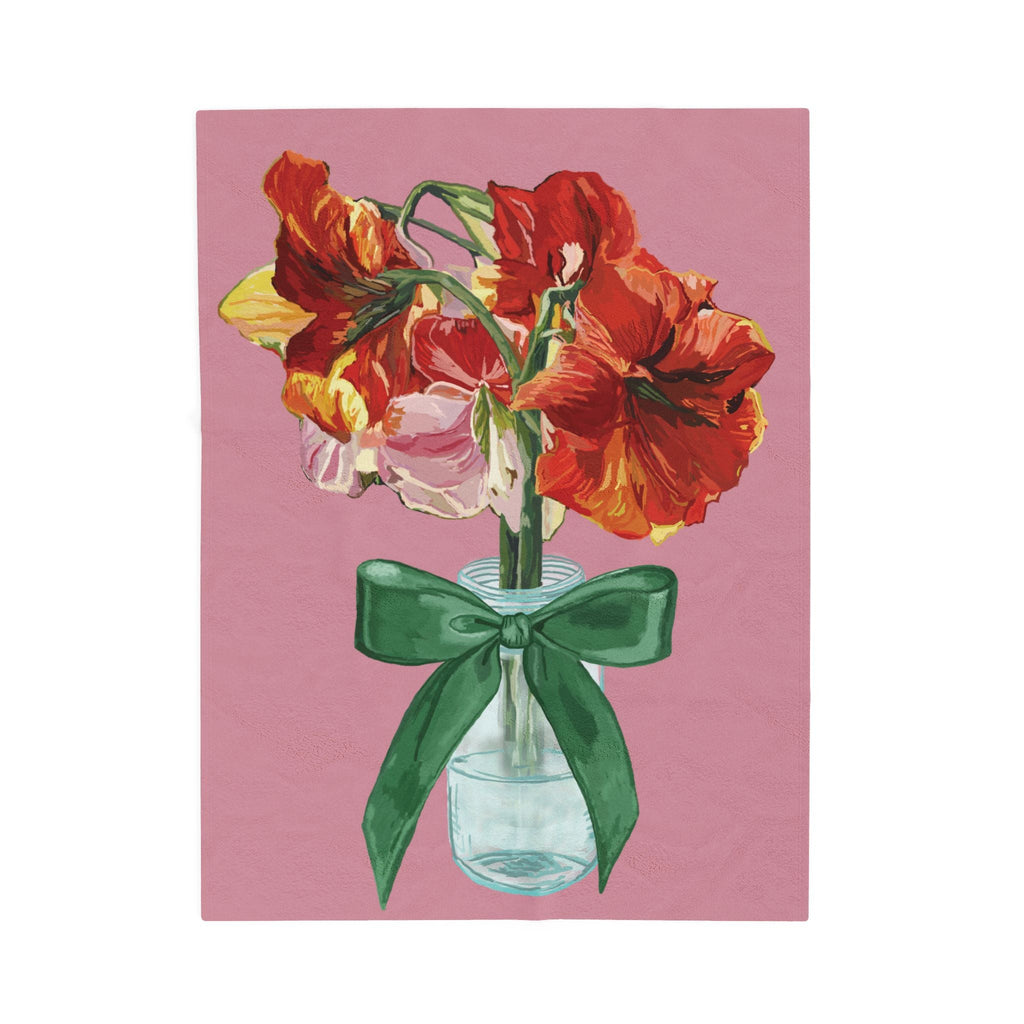 Vintage Red Amaryllis in Vase Floral Throw Blanket - Blue Cava