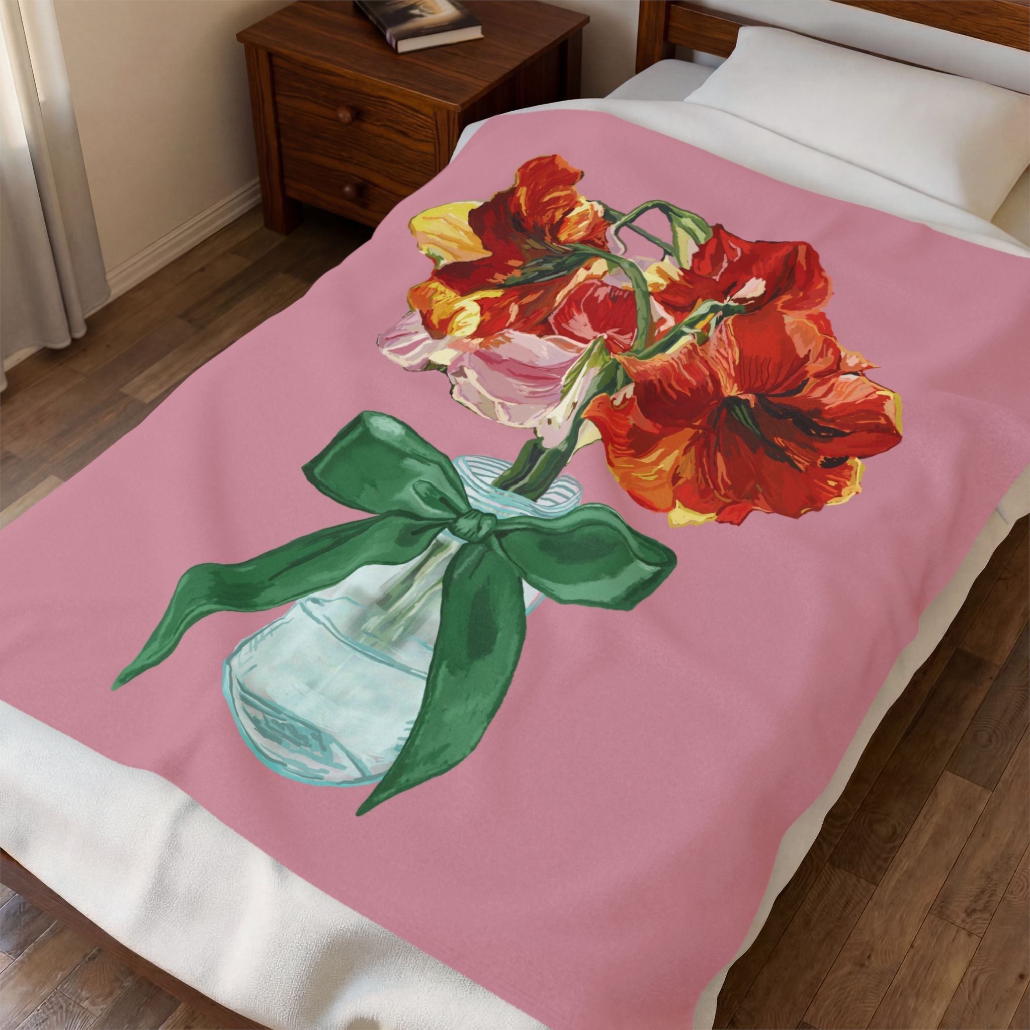 Vintage Red Amaryllis in Vase Floral Throw Blanket - Blue Cava