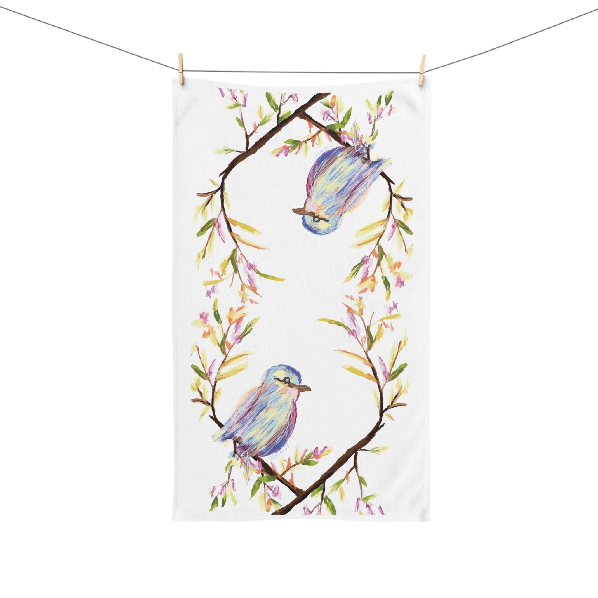 Watercolor Bird Cotton Hand Towel - Blue Cava