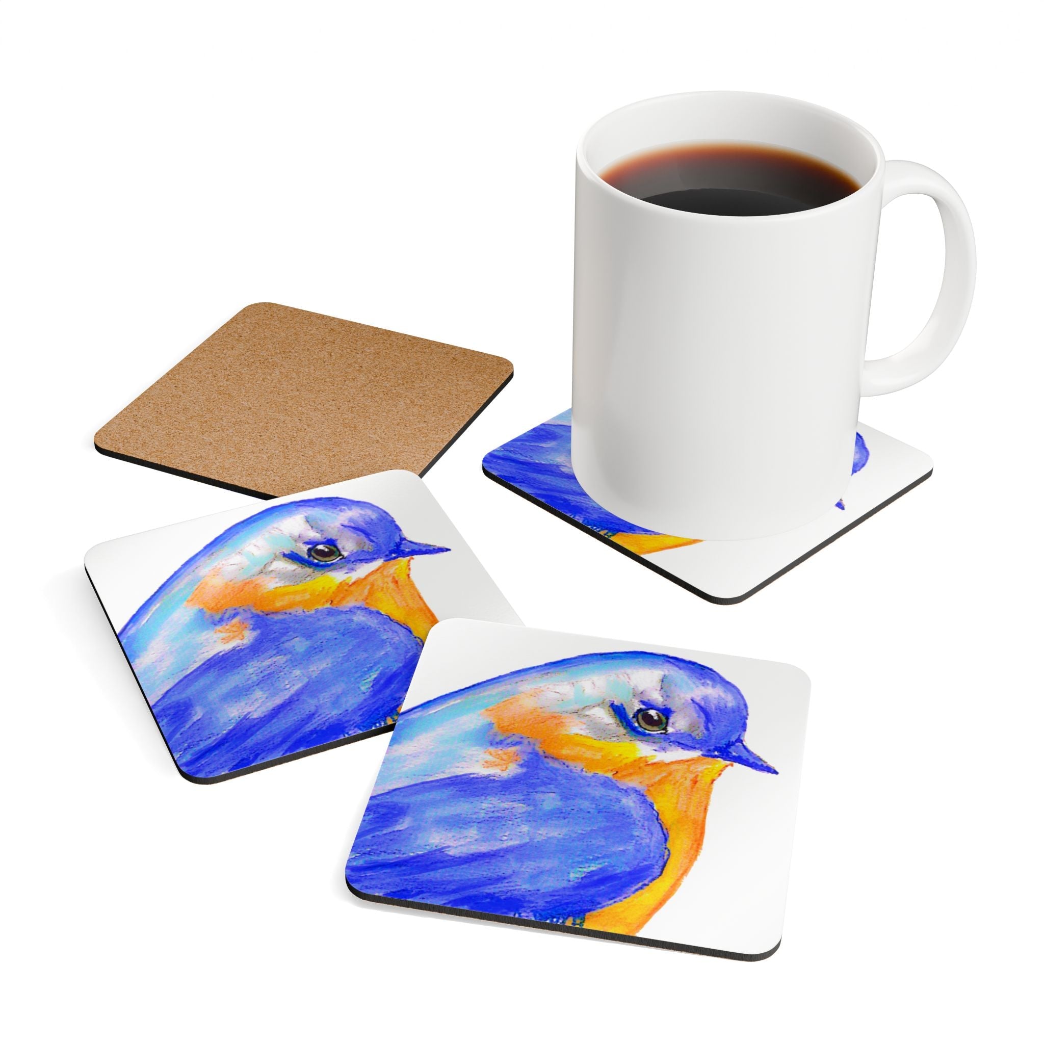 Watercolor Bluebird Corkwood Coaster Set - Blue Cava